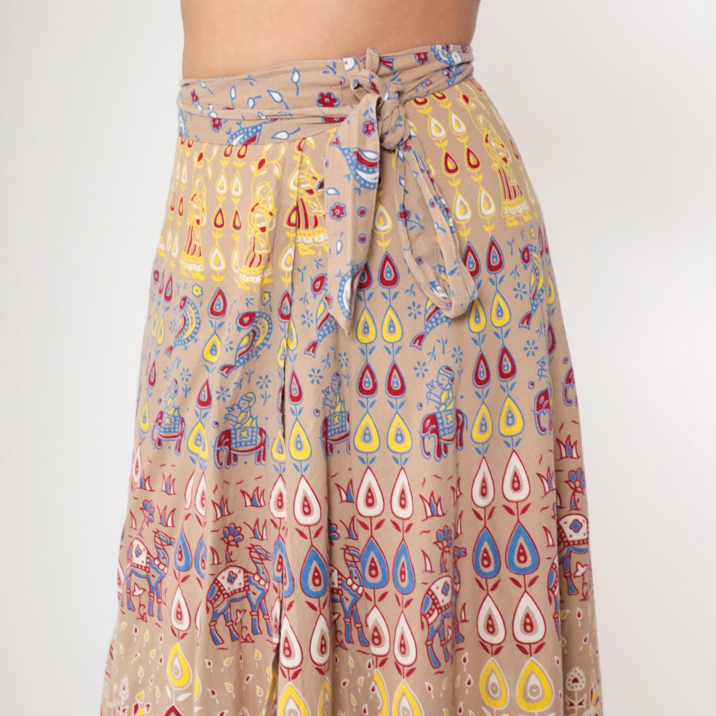 90s Indian Wrap Skirt Camel Floral Print Midi Cotton Small-Large