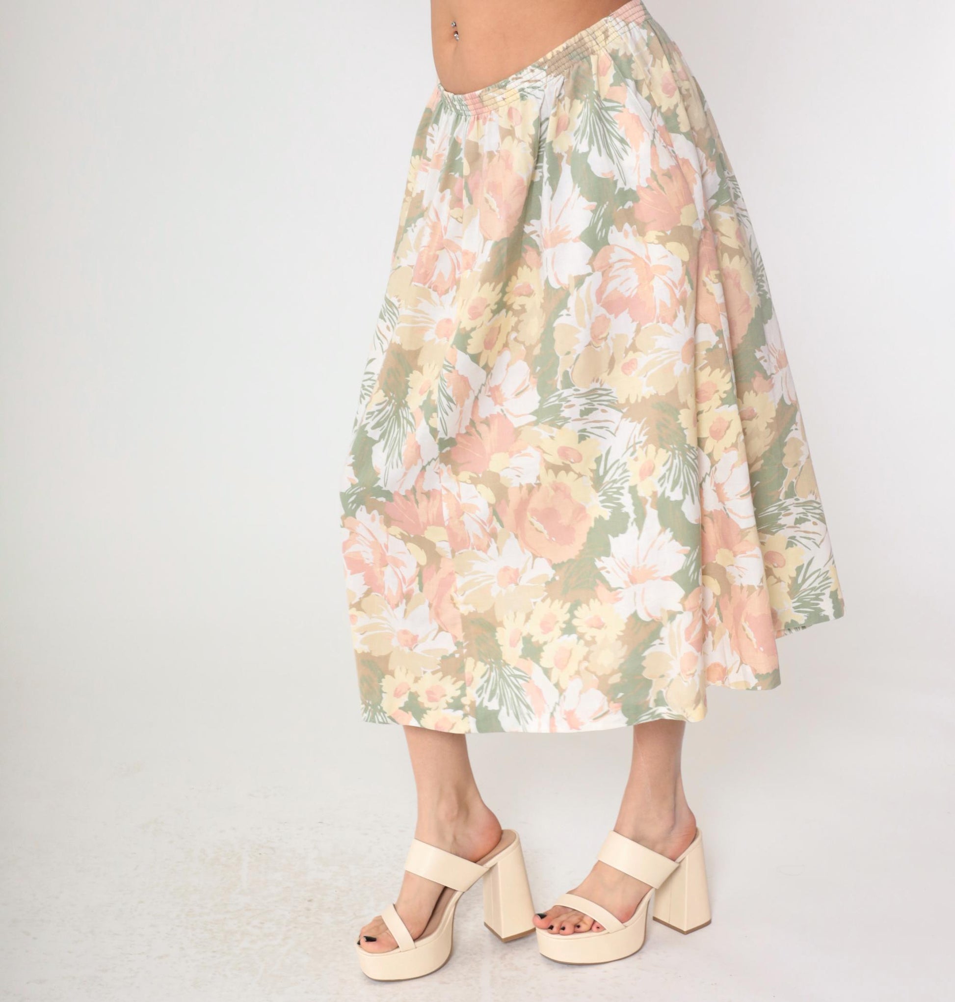 90s Alfred Dunner Floral Midi Skirt Pastel Print High Waist Pockets Large