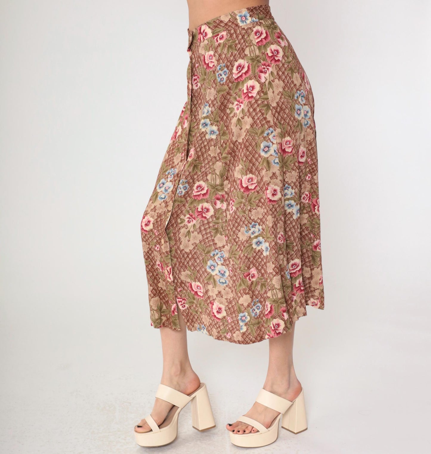 90s Sag Harbor Floral Midi Skirt Brown Checkered Button Front Medium M