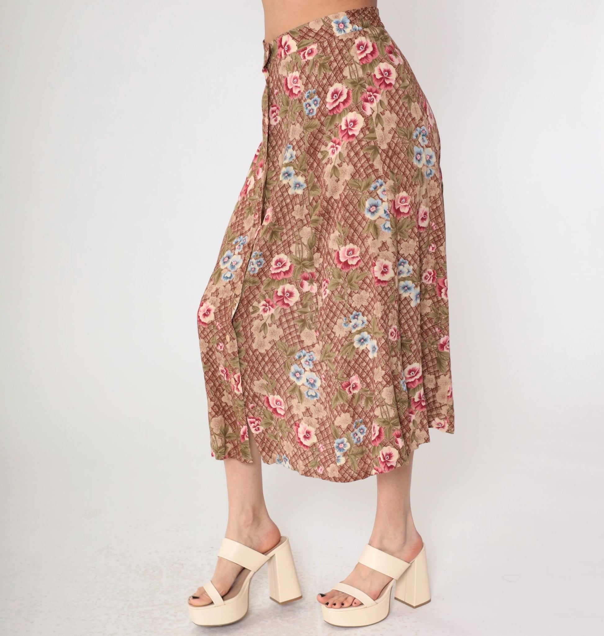 90s Sag Harbor Floral Midi Skirt Brown Checkered Button Front Medium M