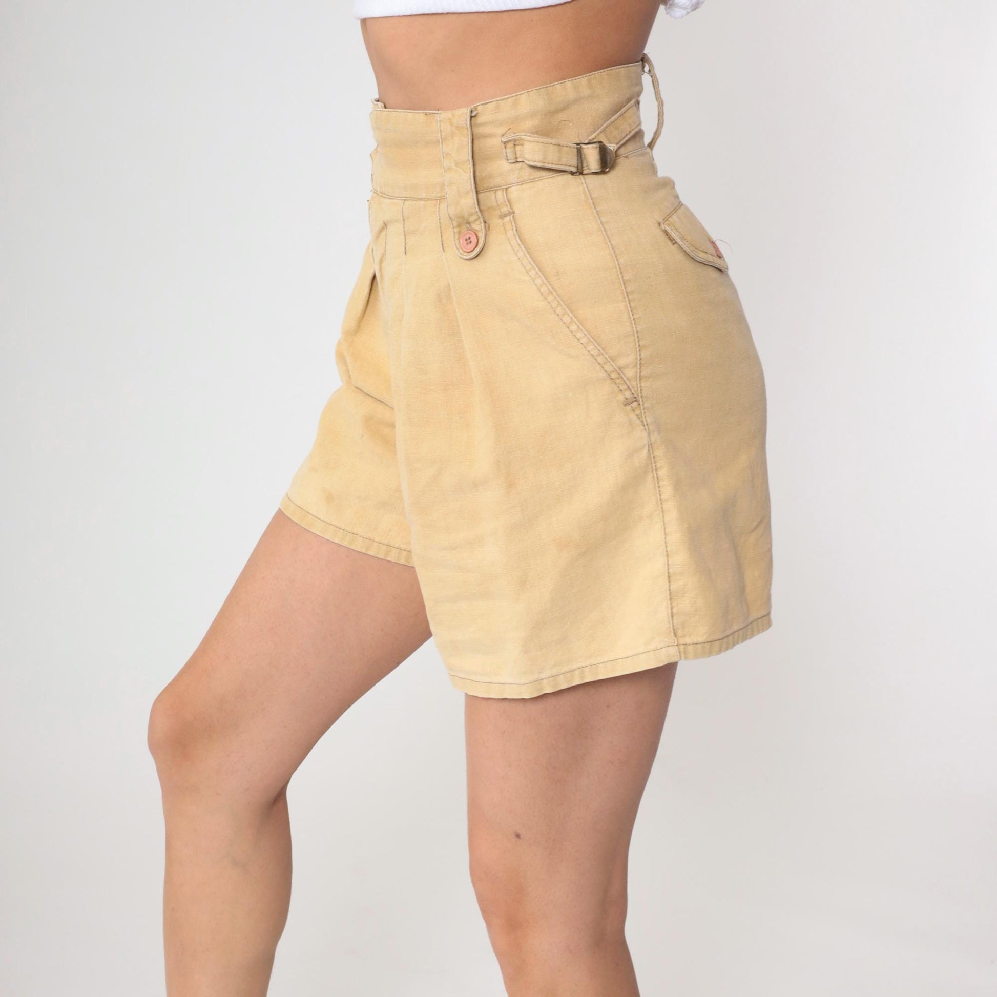 80s Palmettos Tan Pleated High-Waist Shorts Ramie Cotton Petite Small