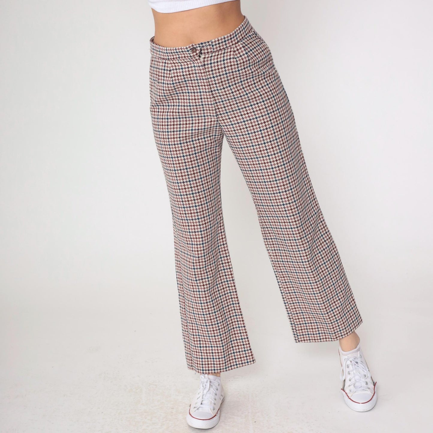 70s Houndstooth Flared Trousers Burgundy Navy High Waisted Bell Bottoms Medium