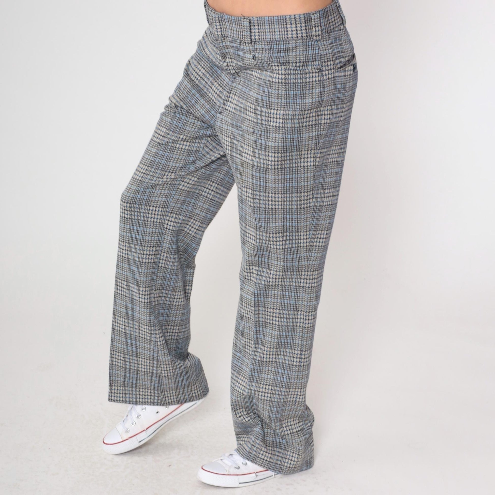 70s Navy Plaid Bell Bottom Trousers High Waisted Flared Pants Large 36