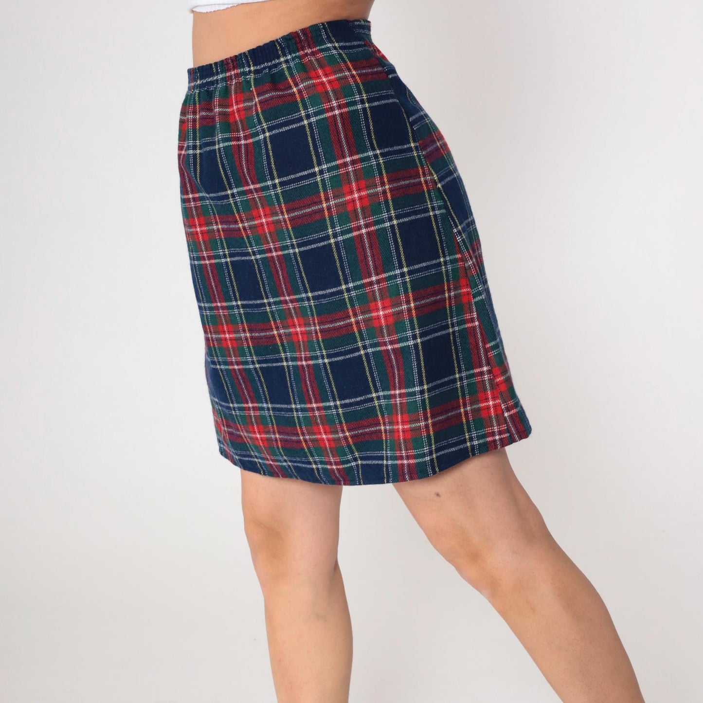 80s Plaid Mini Skirt Navy Red Green Elastic Waist Straight Pencil Medium