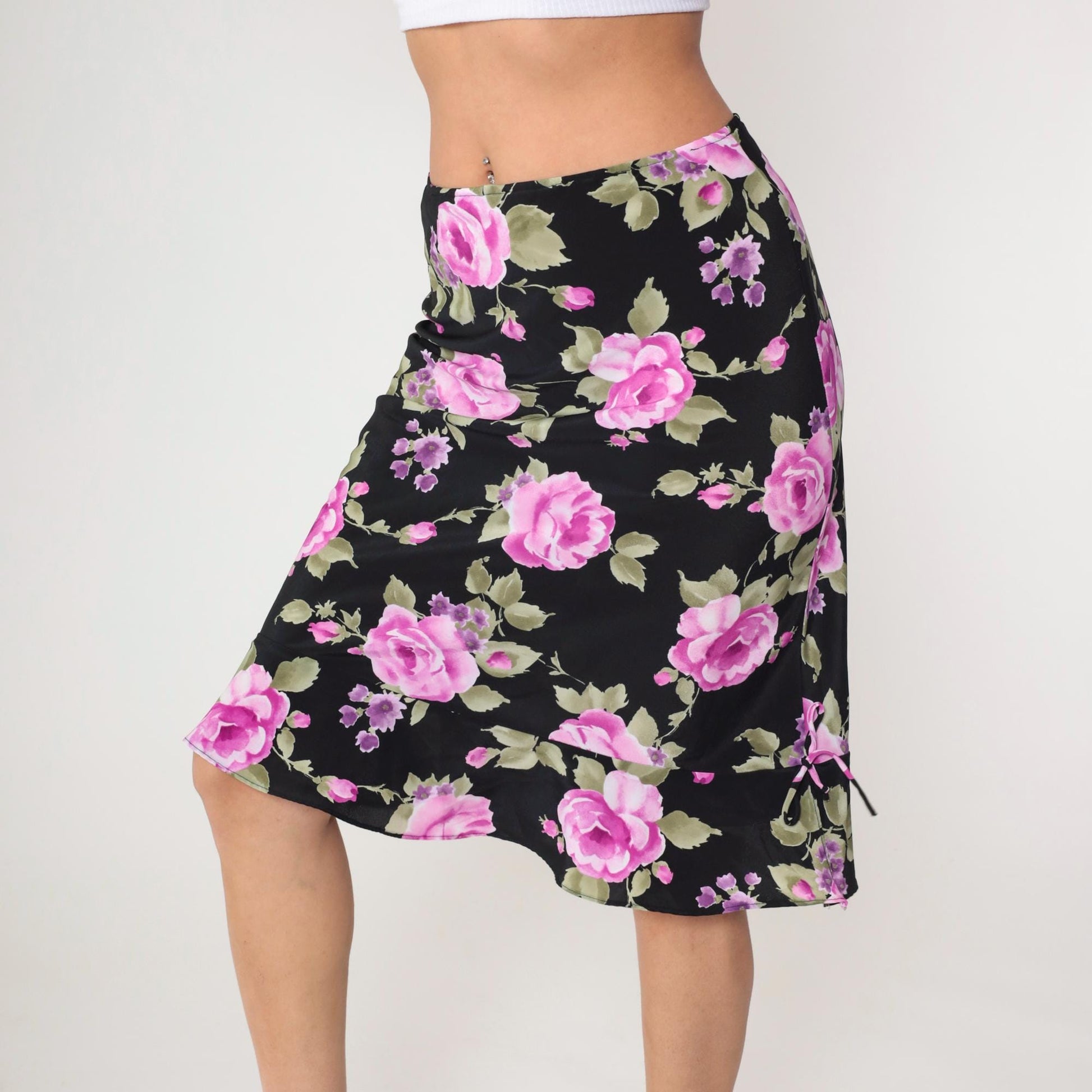 90s Black Floral Midi Skirt Fuchsia Pink Print Ruffled Hem Medium