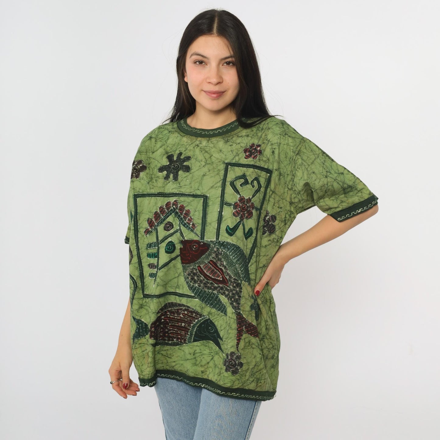 Y2K Batik Fish Graphic T-Shirt Green Floral Crewneck Medium Large