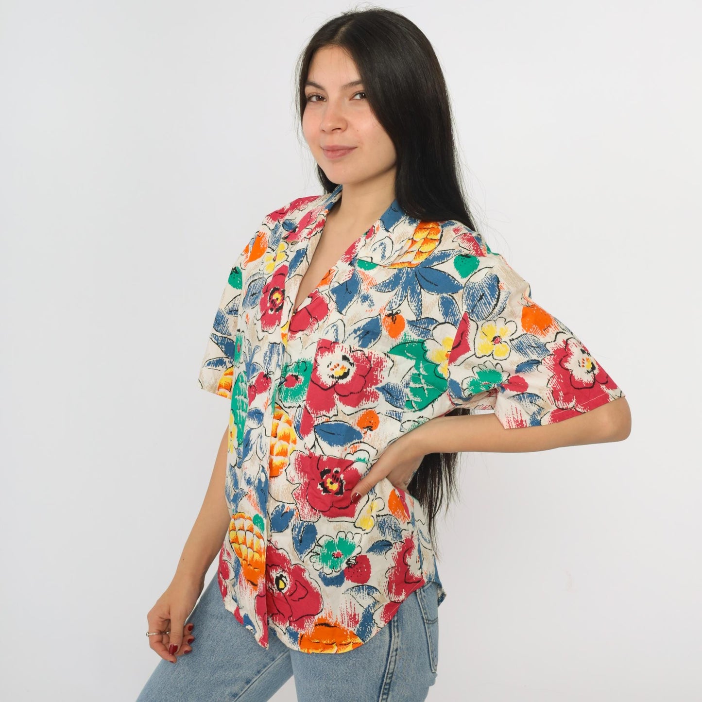 90s Pineapple Floral Print Button Up Blouse Short Sleeve White Red Medium M