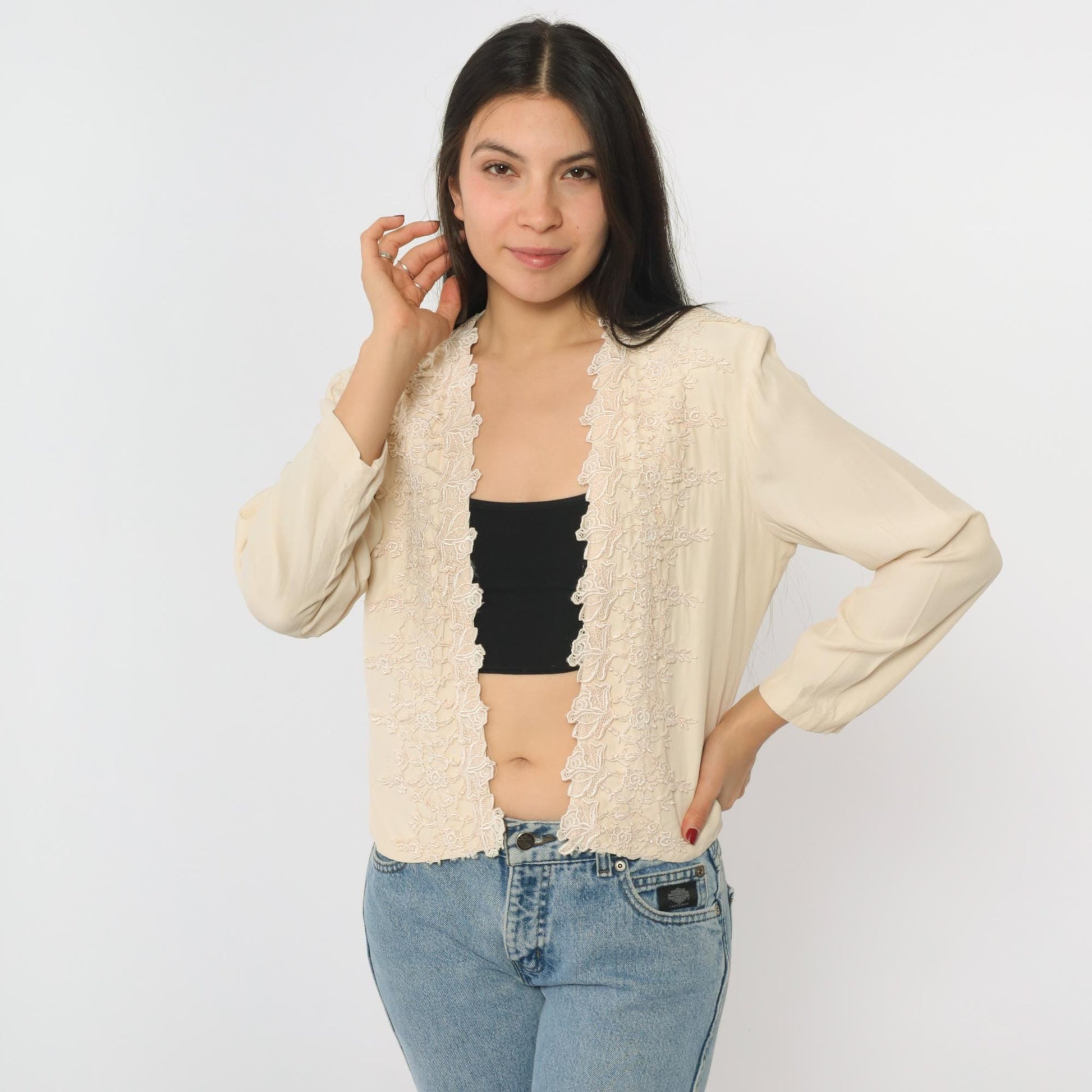 90s Wild Rose Cream Cardigan Floral Embroidered Lace Trim Long Sleeve Medium
