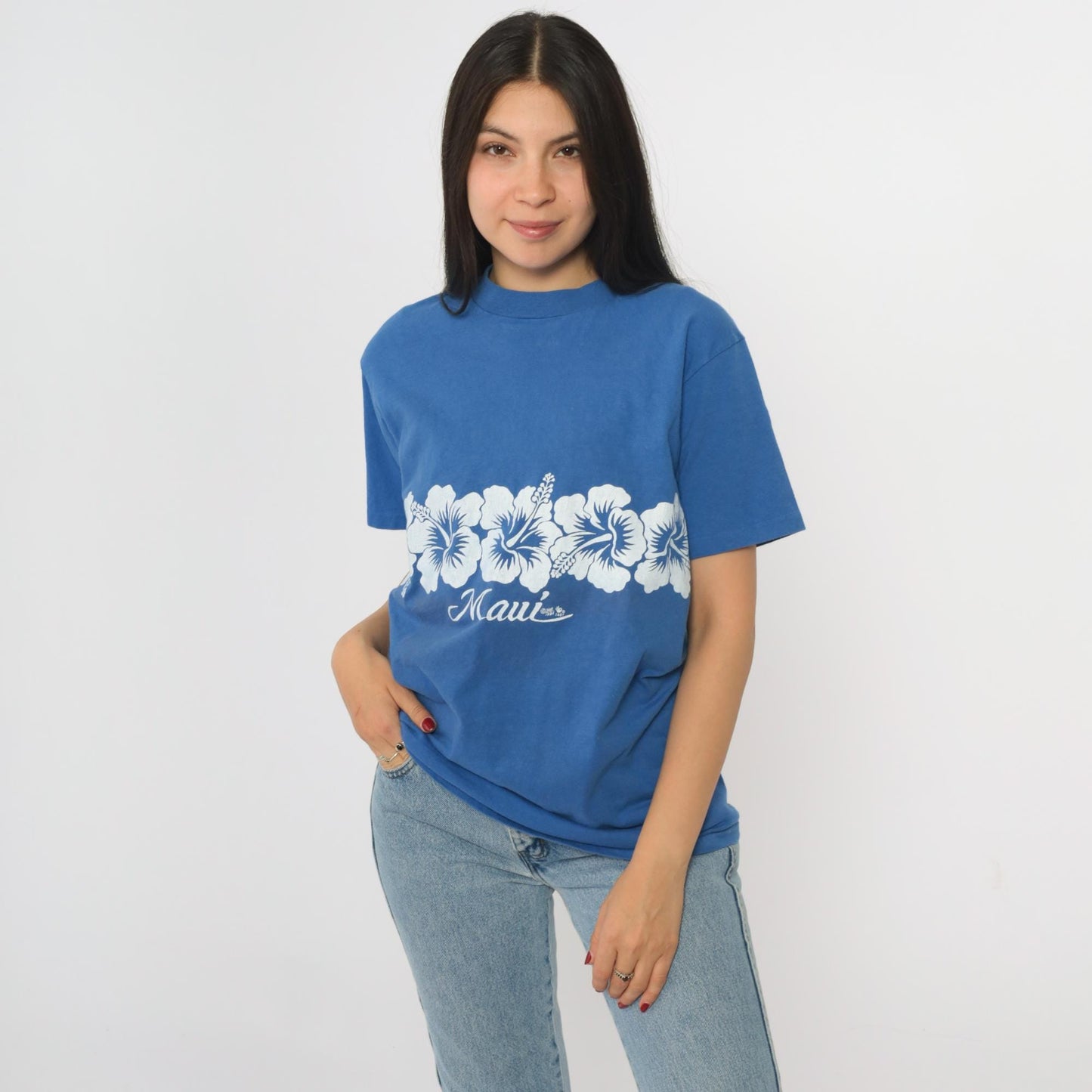 90s Maui Hawaii Hibiscus Graphic T-Shirt Blue Hanes Beefy-T Small