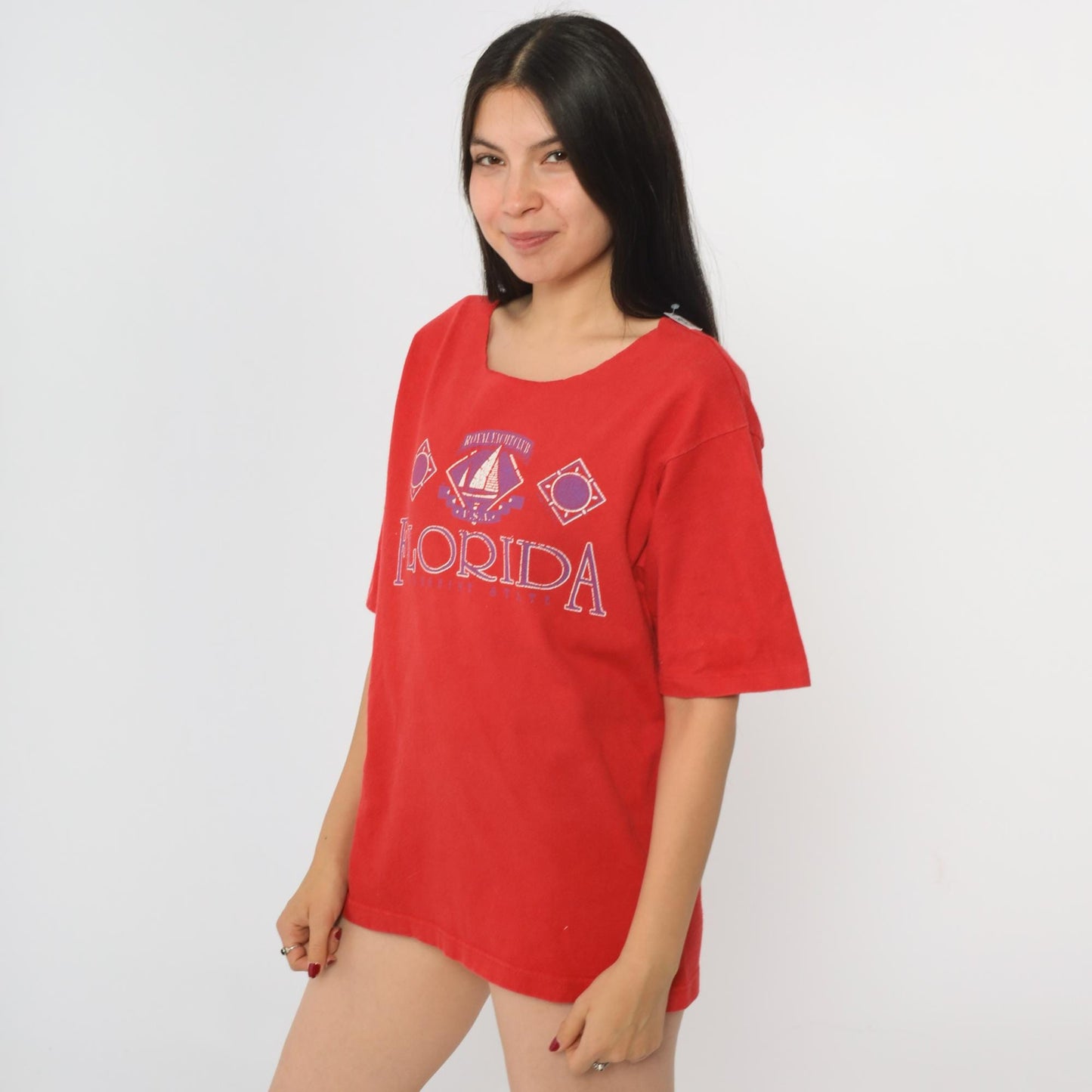 90s Florida Yacht Club Graphic Tee Red Cutoff Neckline Small S