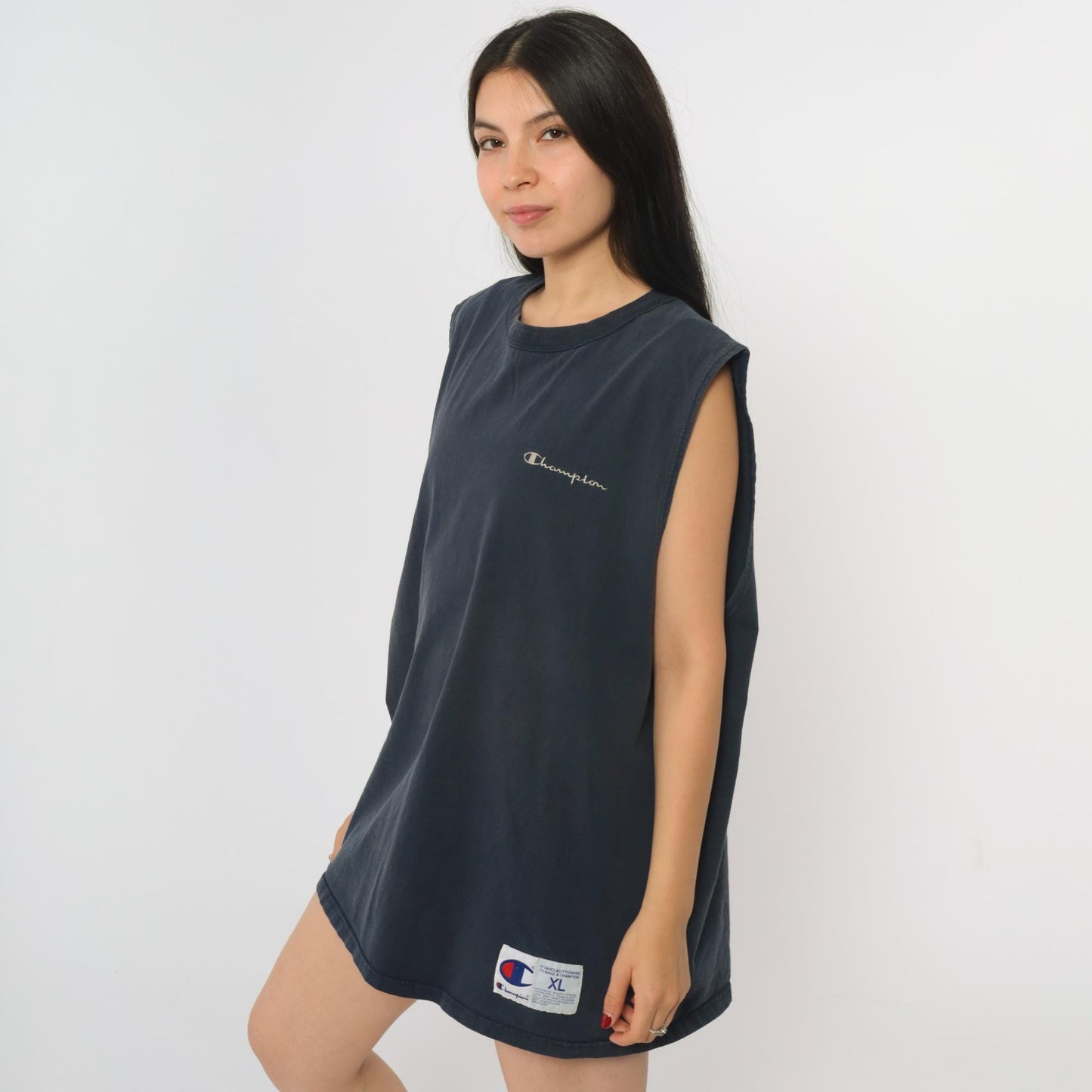 90s Champion Muscle Tank Navy Blue Embroidered Script Extra Large XL