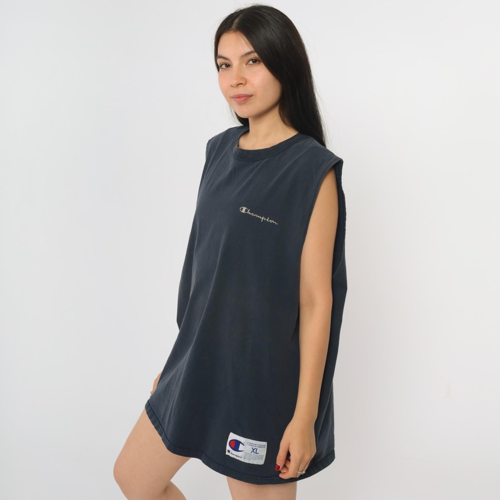 90s Champion Muscle Tank Navy Blue Embroidered Script Extra Large XL