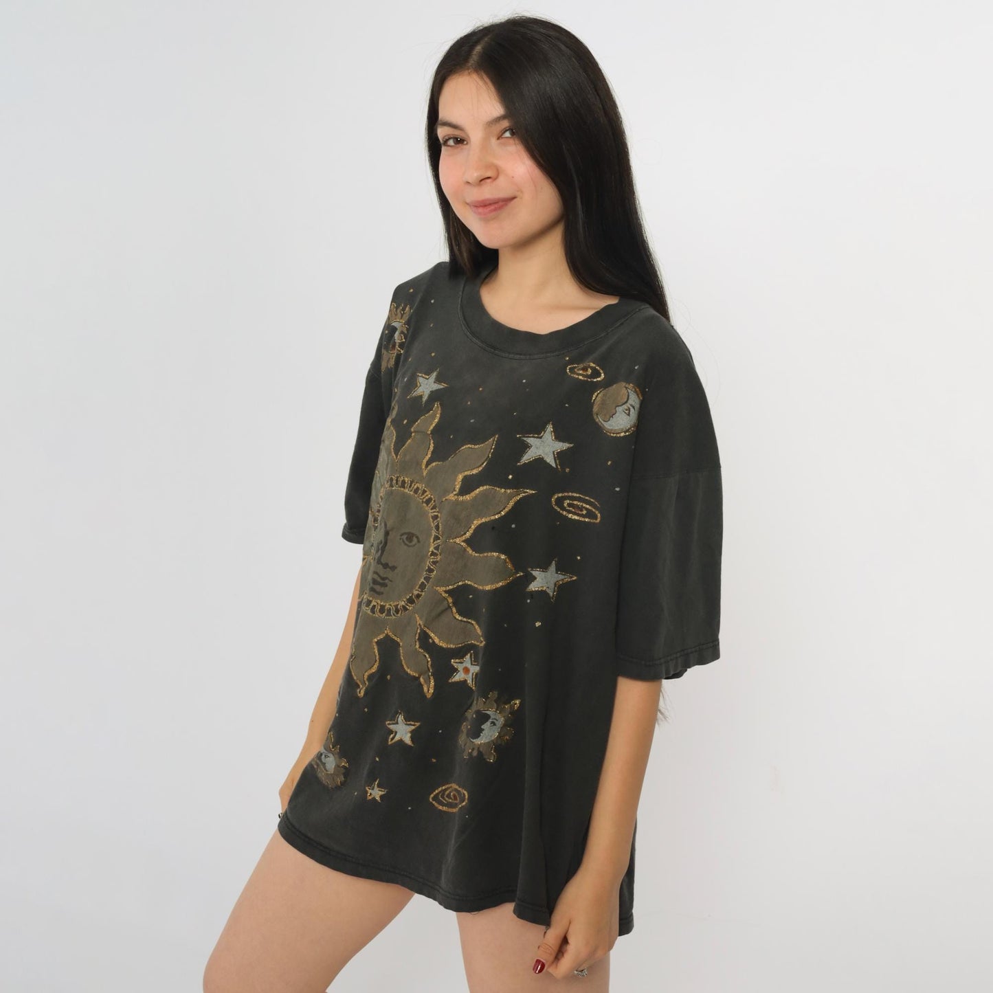 90s Celestial Sun Moon Graphic T-Shirt Metallic Gold Silver Beaded One Size