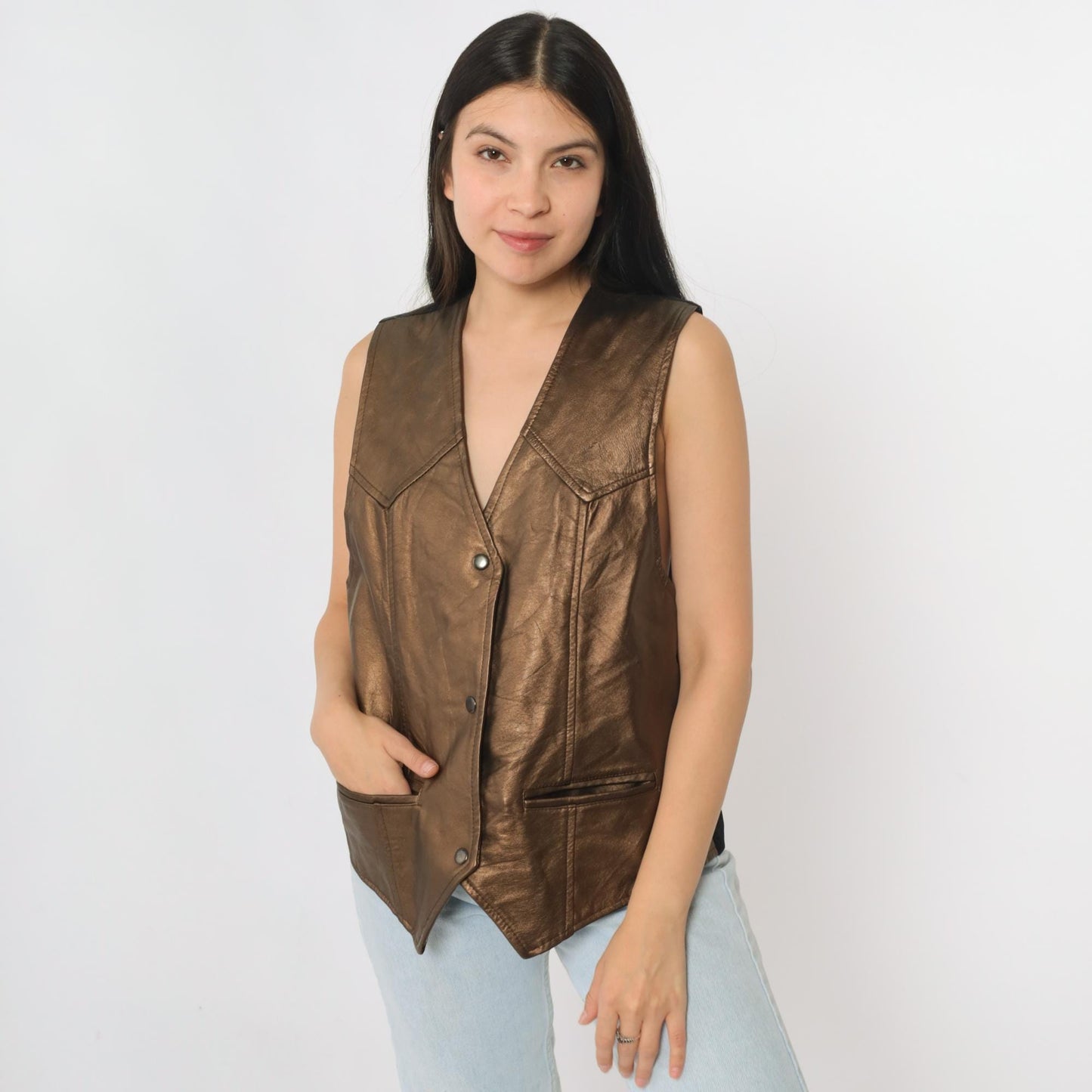 90s Metallic Copper Faux Leather Snap Vest Sleeveless Small S