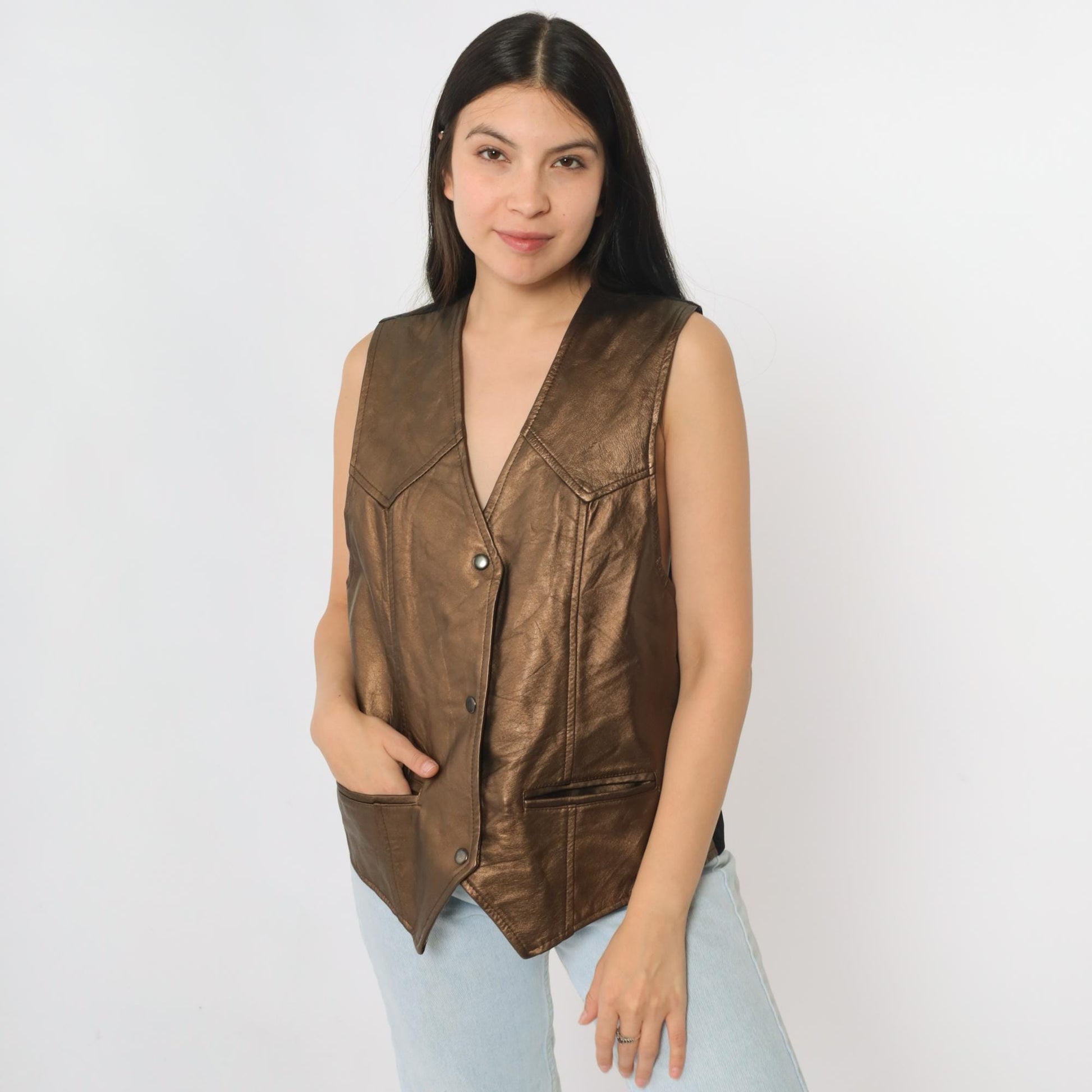 90s Metallic Copper Faux Leather Snap Vest Sleeveless Small S