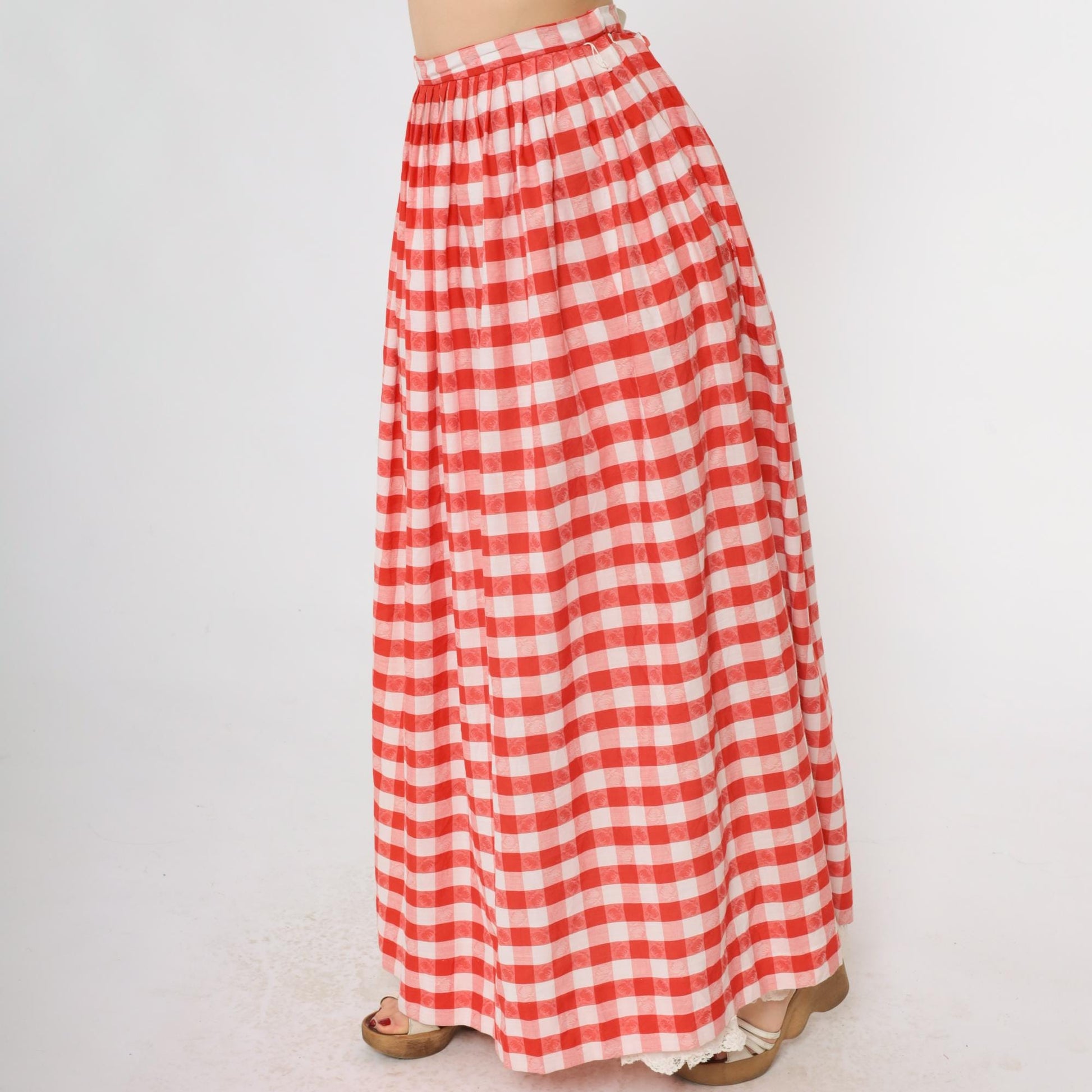 70s Red Gingham Maxi Skirt High Waist Lace Trim White Checkered Medium