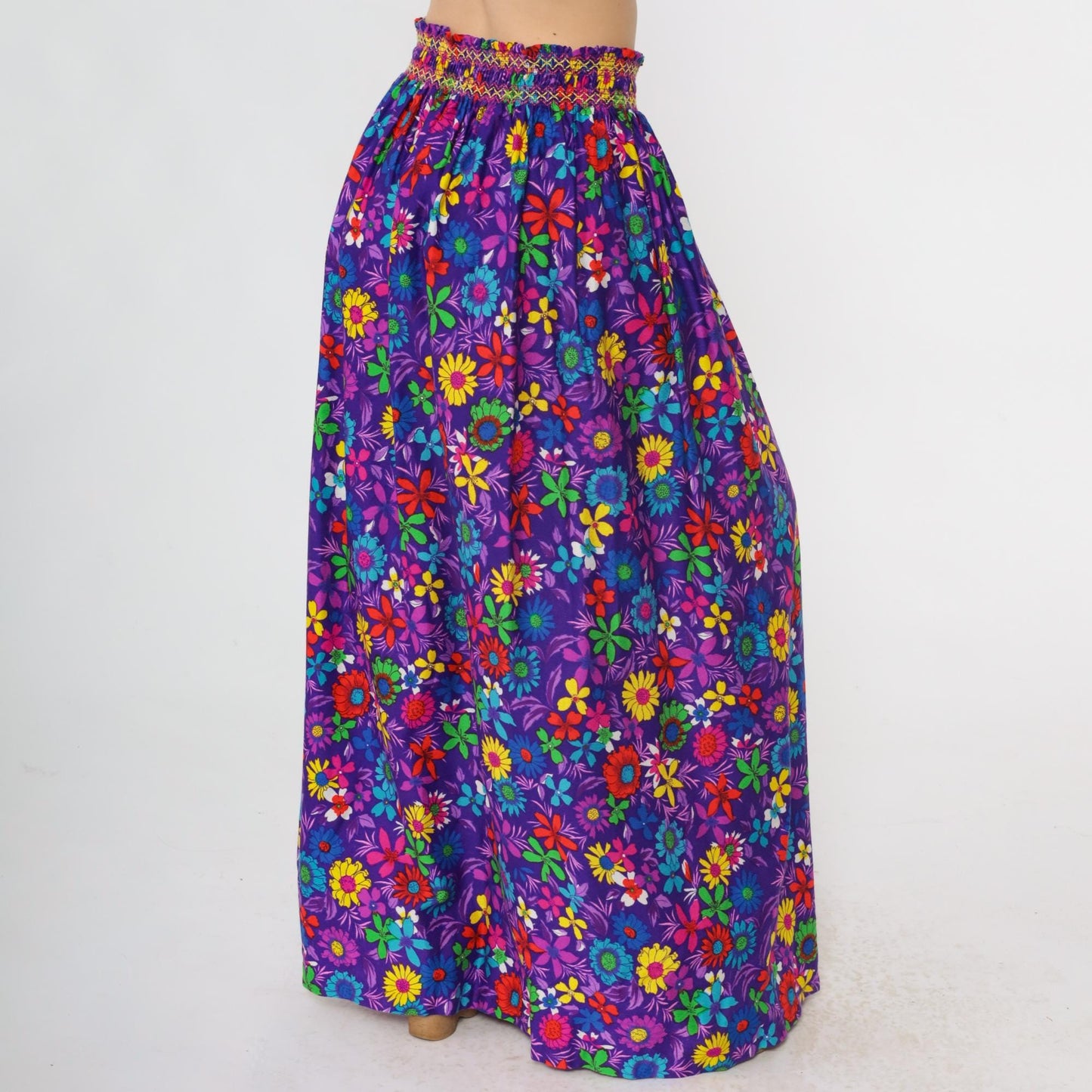 70s Rainbow Floral Maxi Skirt Purple High Slit Smocked Waist Small