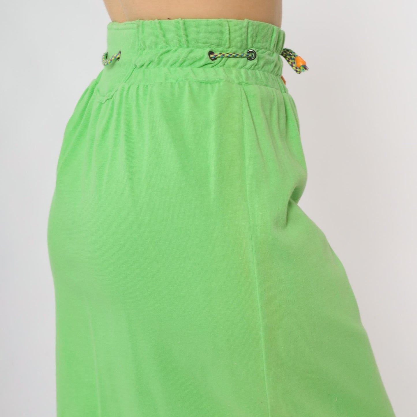 90s Lime Green Mini Skirt Drawstring Waist Cotton Small S