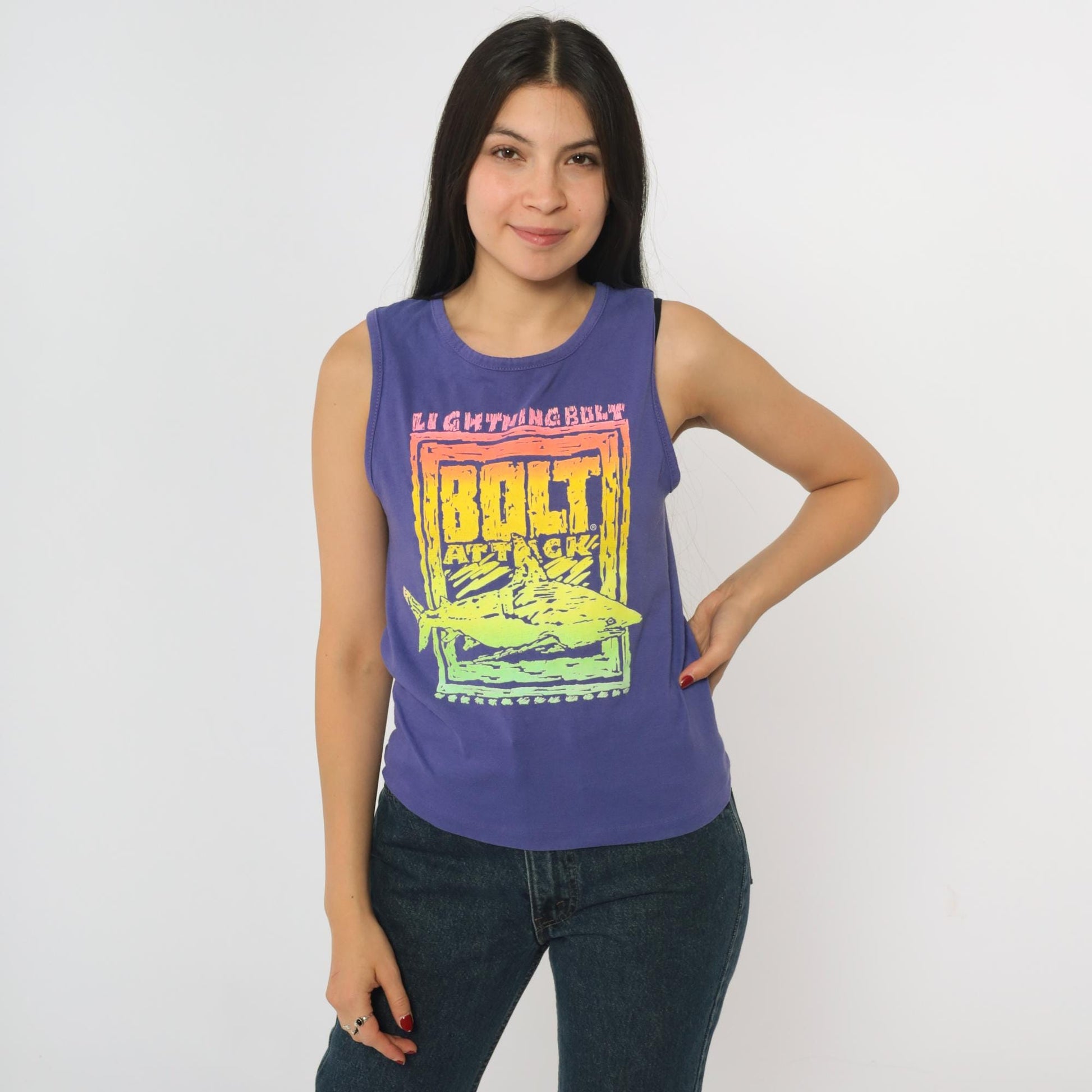 90s Lightning Bolt Shark Graphic Tank Top Purple Neon Sleeveless Extra Small