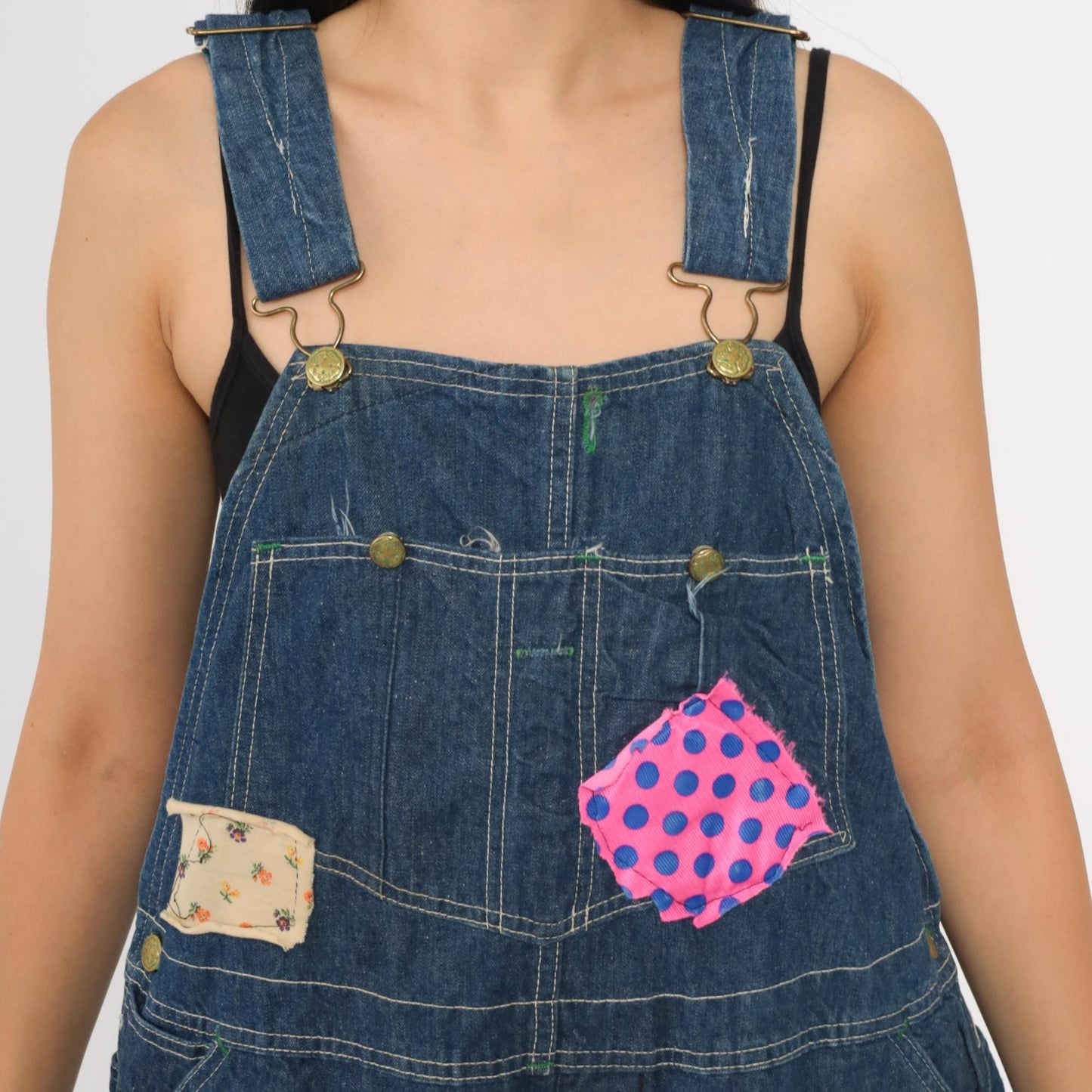 70s OshKosh B'gosh Denim Bib Overalls Patchwork Blue Carpenter Medium Large