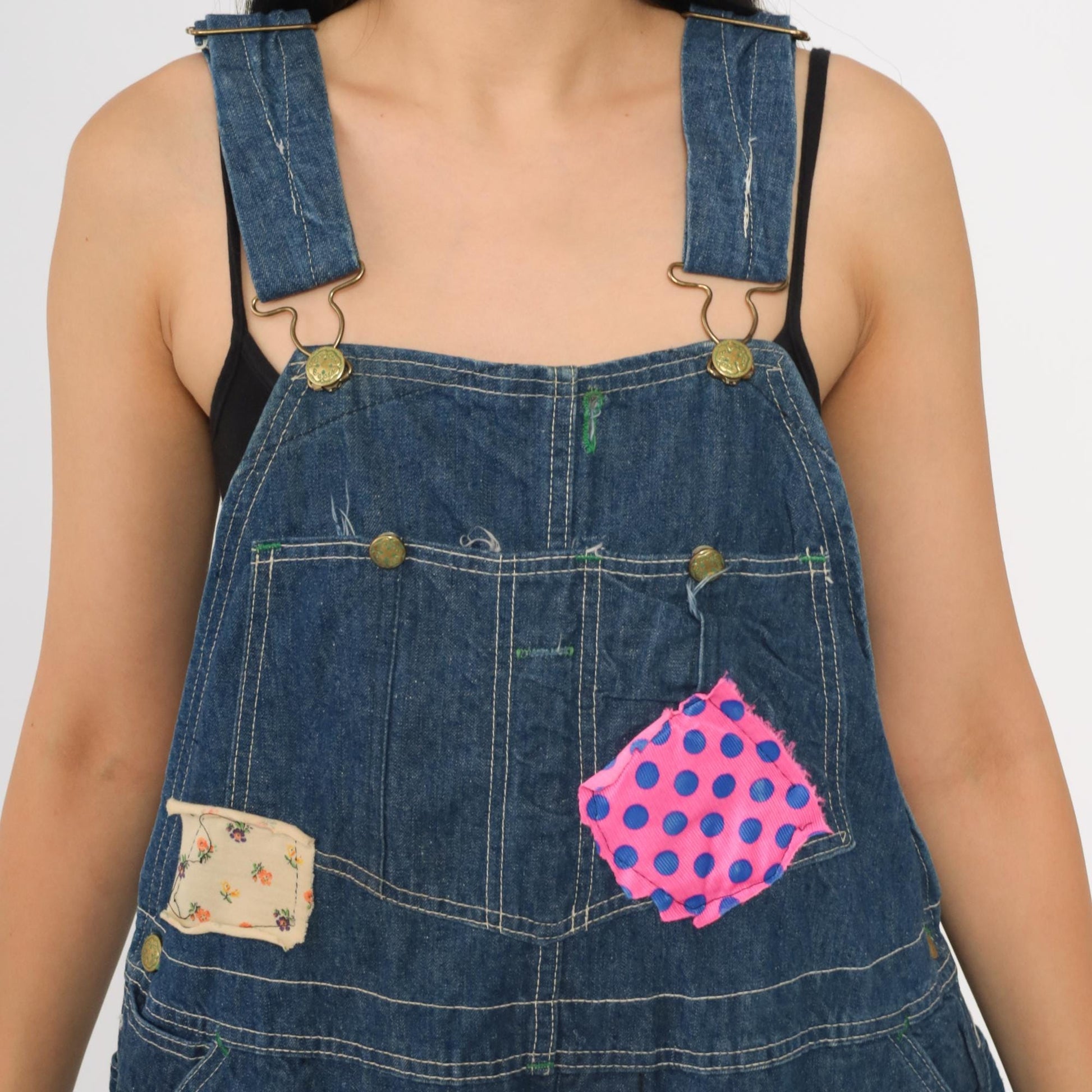 70s OshKosh B'gosh Denim Bib Overalls Patchwork Blue Carpenter Medium Large