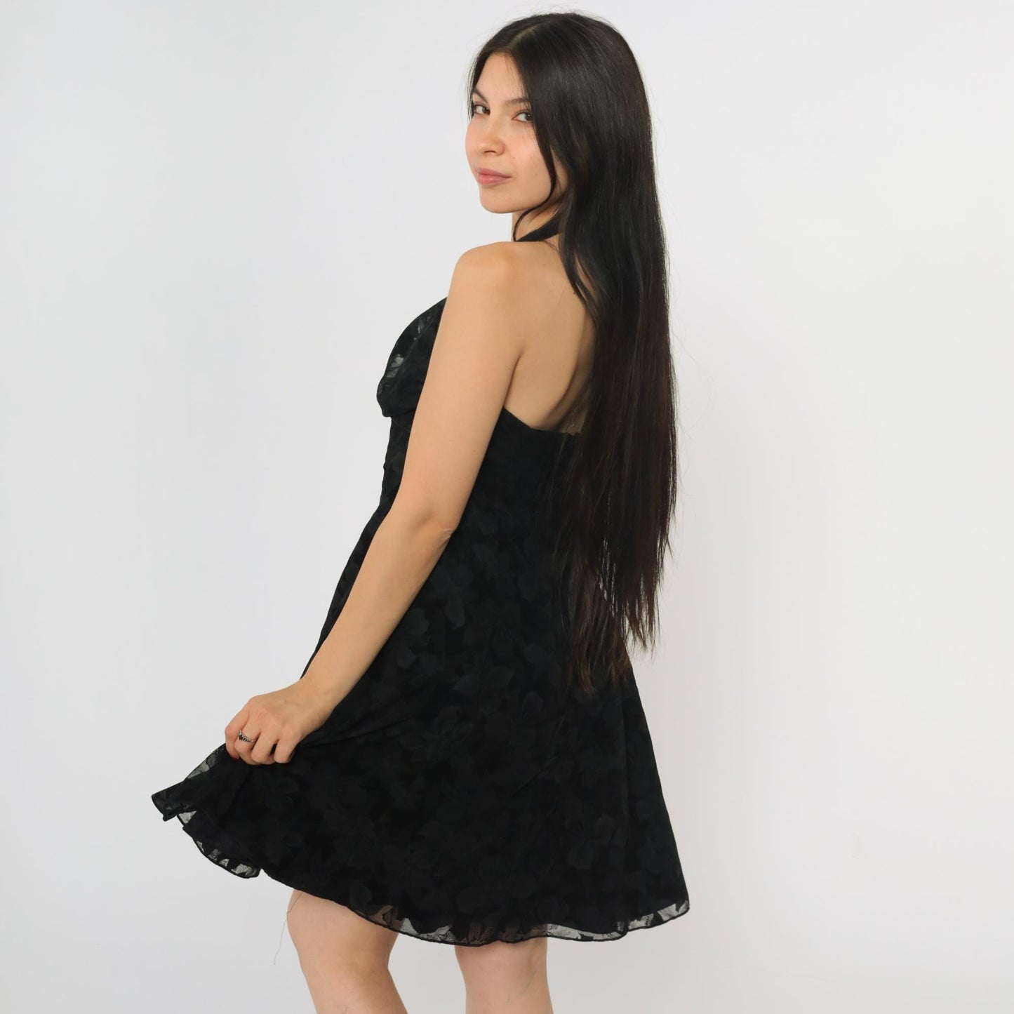 90s Zum Zum Black Halter Mini Dress Floral Flocked Rhinestone Small