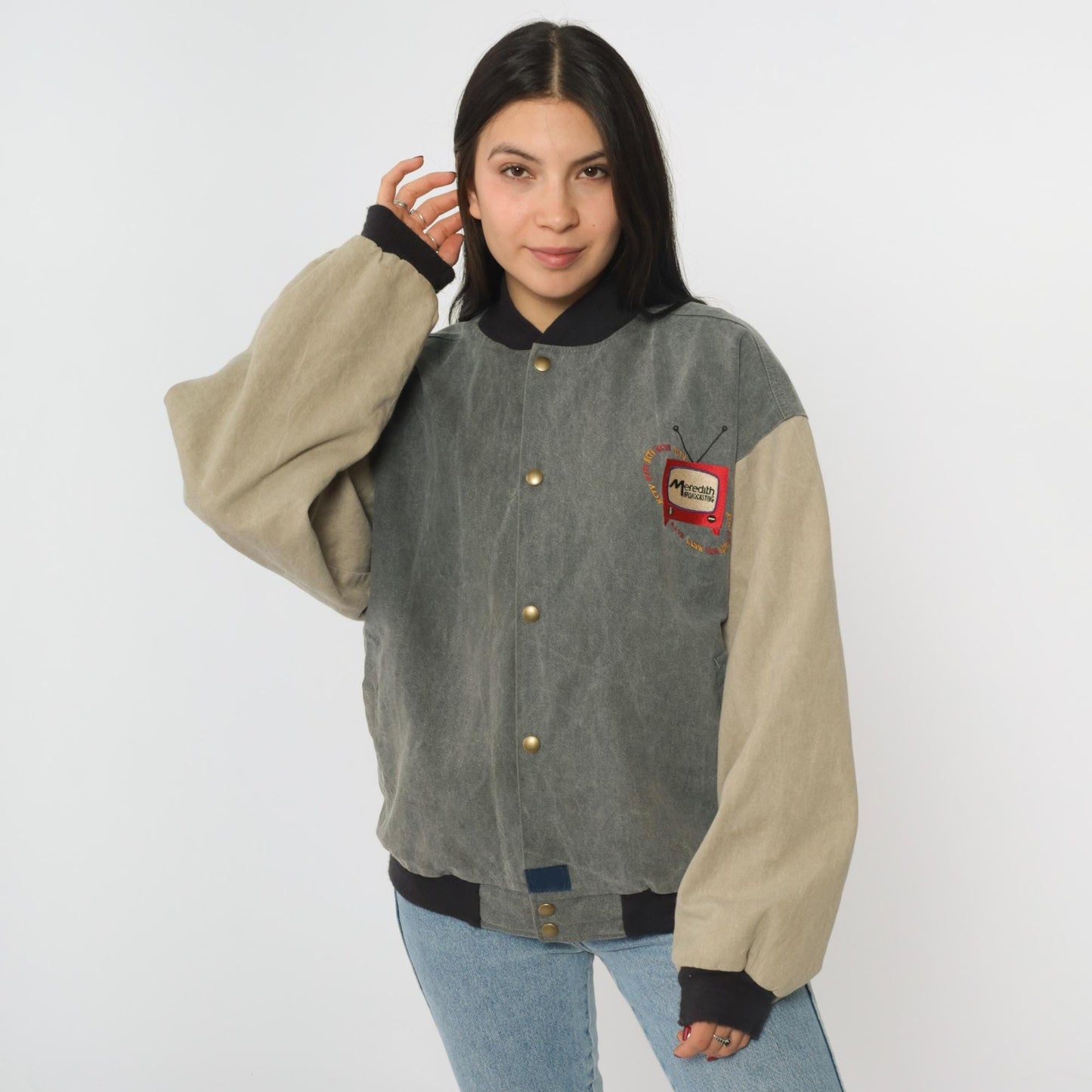 90s Meredith Broadcasting Bomber Jacket Canvas Colorblock Grey Medium
