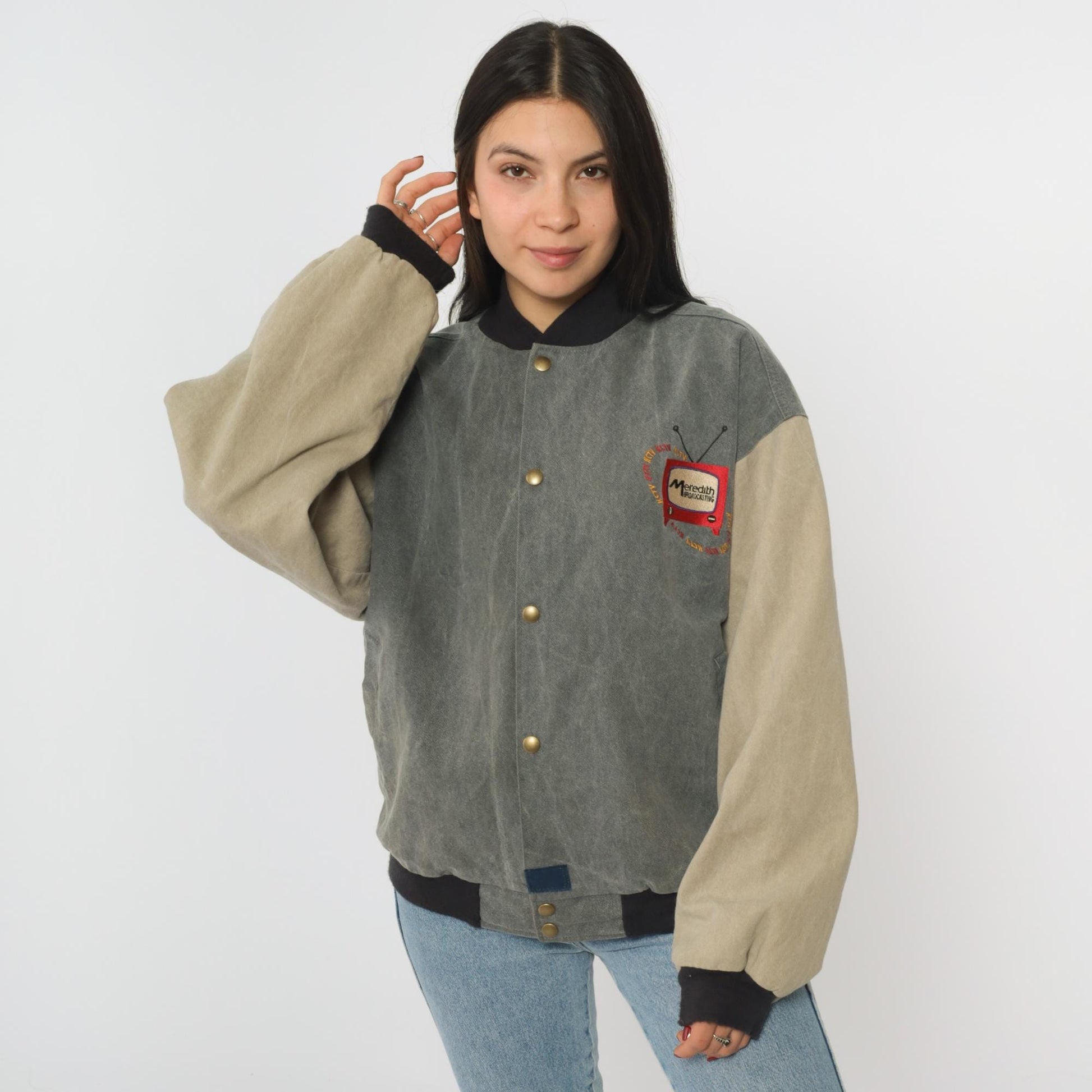 90s Meredith Broadcasting Bomber Jacket Canvas Colorblock Grey Medium