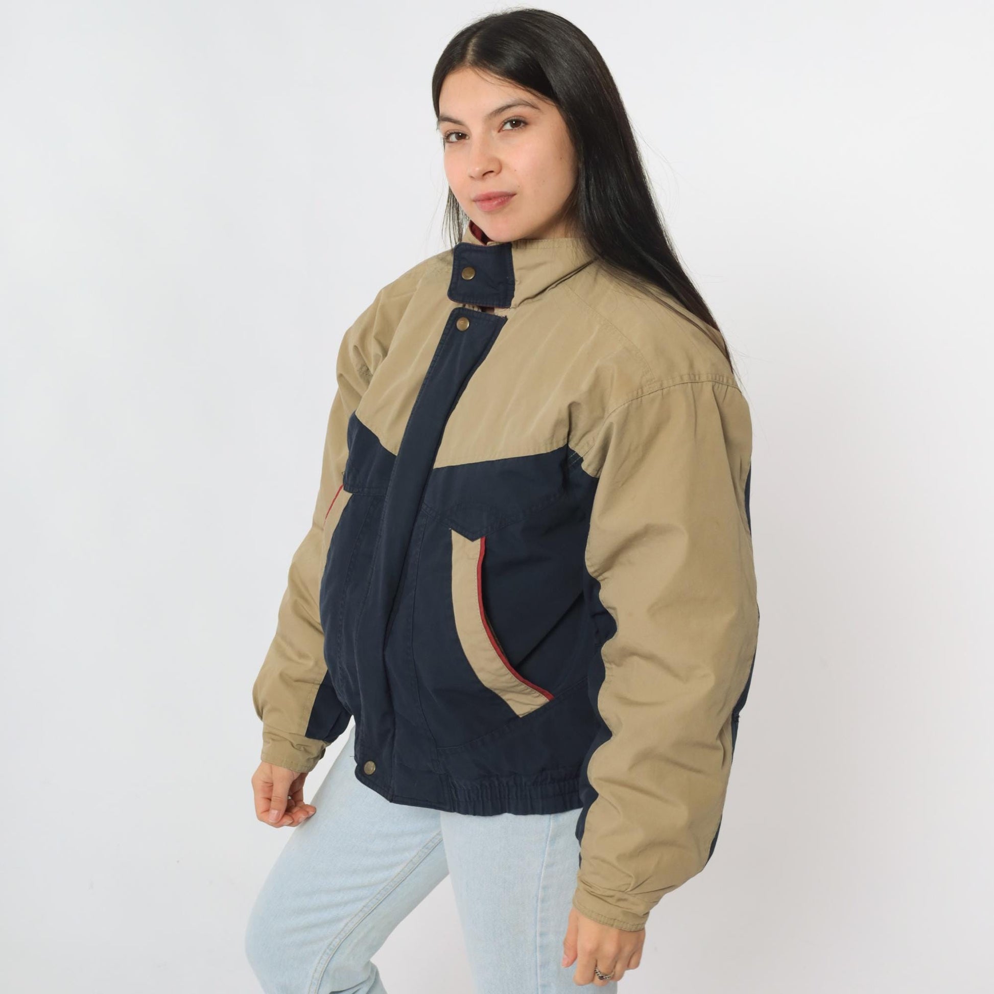 80s McGregor Puffer Jacket Tan Navy Color Block Ski Coat Small S