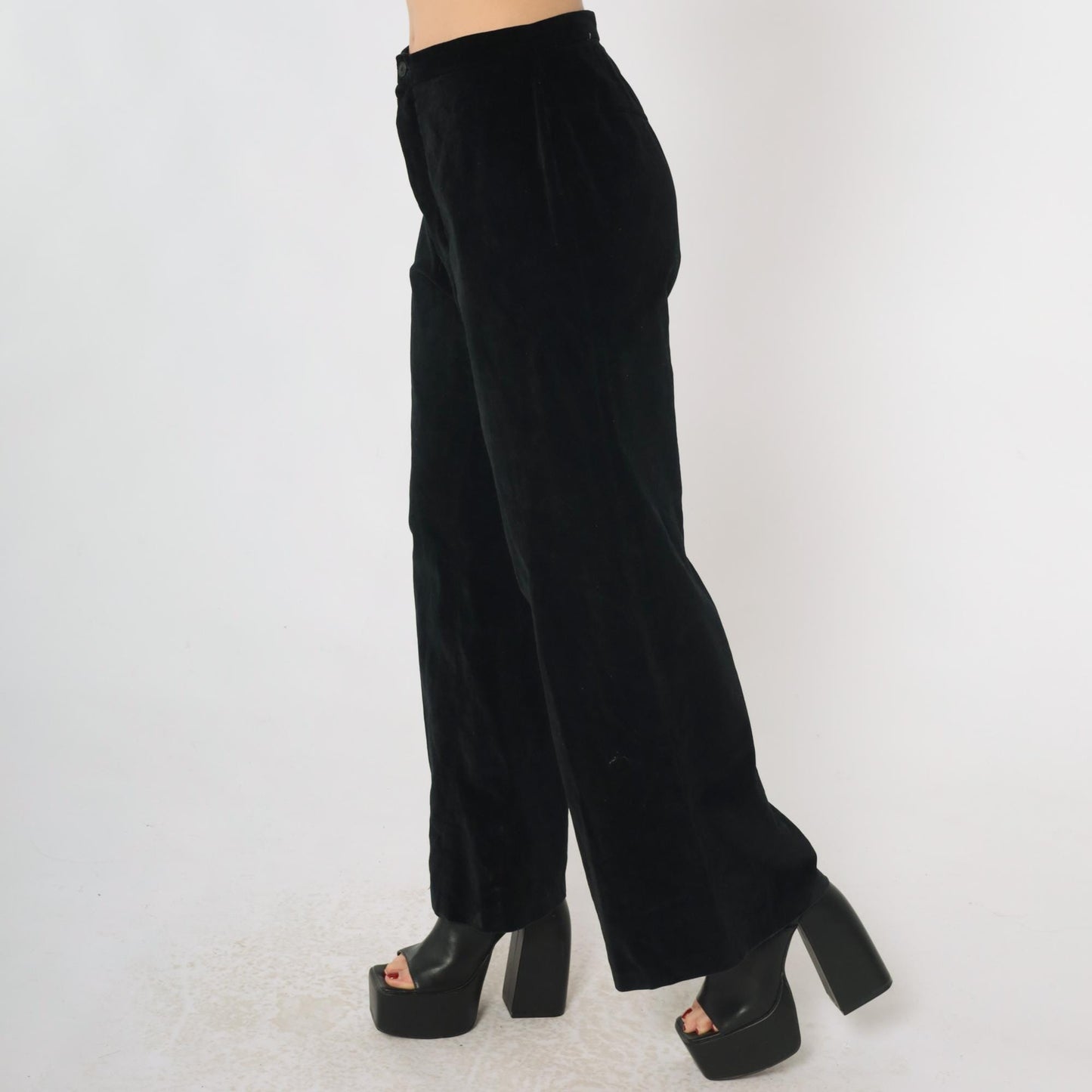 70s Black Velvet Bell Bottom Pants High Rise Wide Leg Small