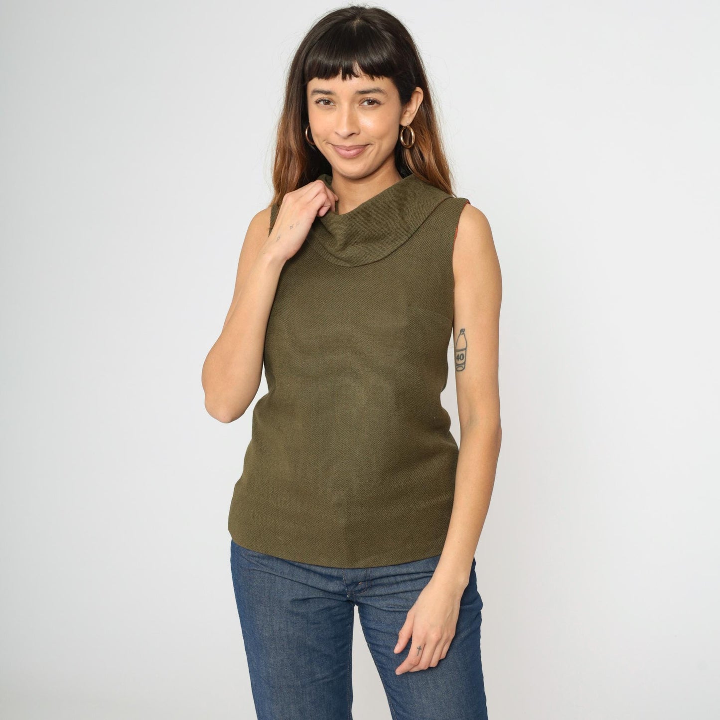 1960s Olive Brown Cowl Neck Sleeveless Woven Blouse Extra Small XS