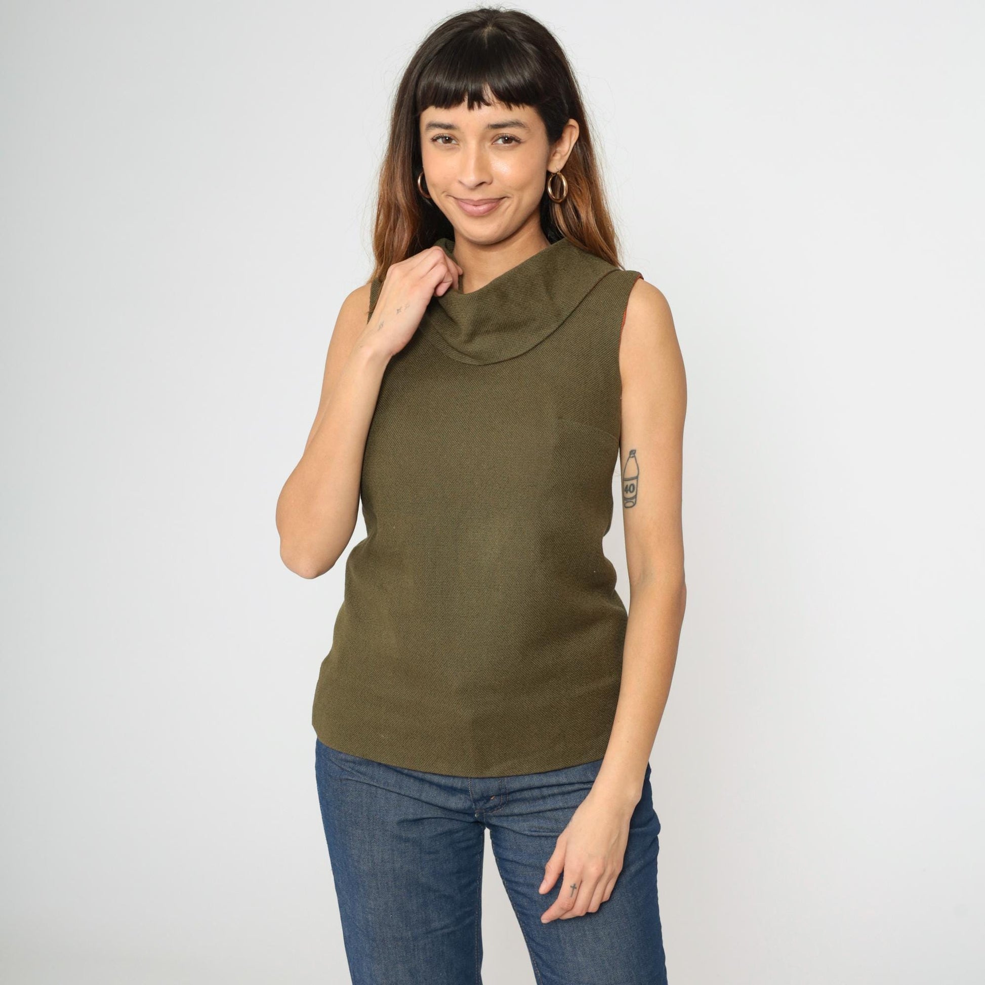 1960s Olive Brown Cowl Neck Sleeveless Woven Blouse Extra Small XS