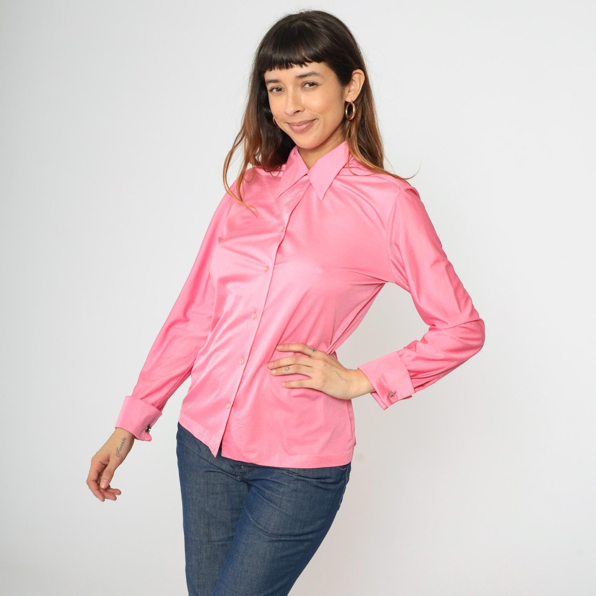 70s Shiny Pink Dagger Collar Button-Up Shirt Long Sleeve Cufflinks Medium M