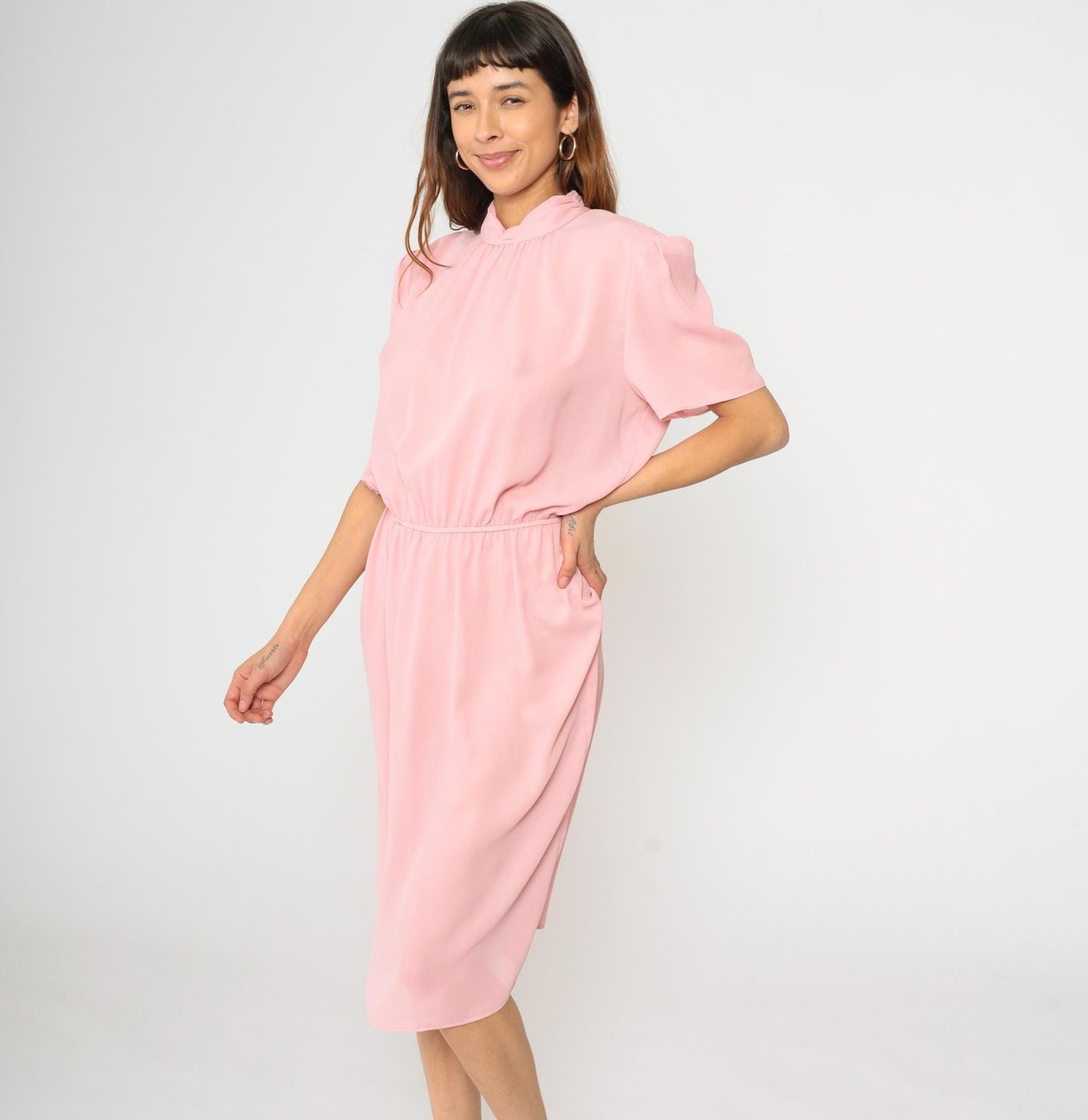 80s Pink Puff Sleeve Midi Dress High Waist Mock Neck Large L
