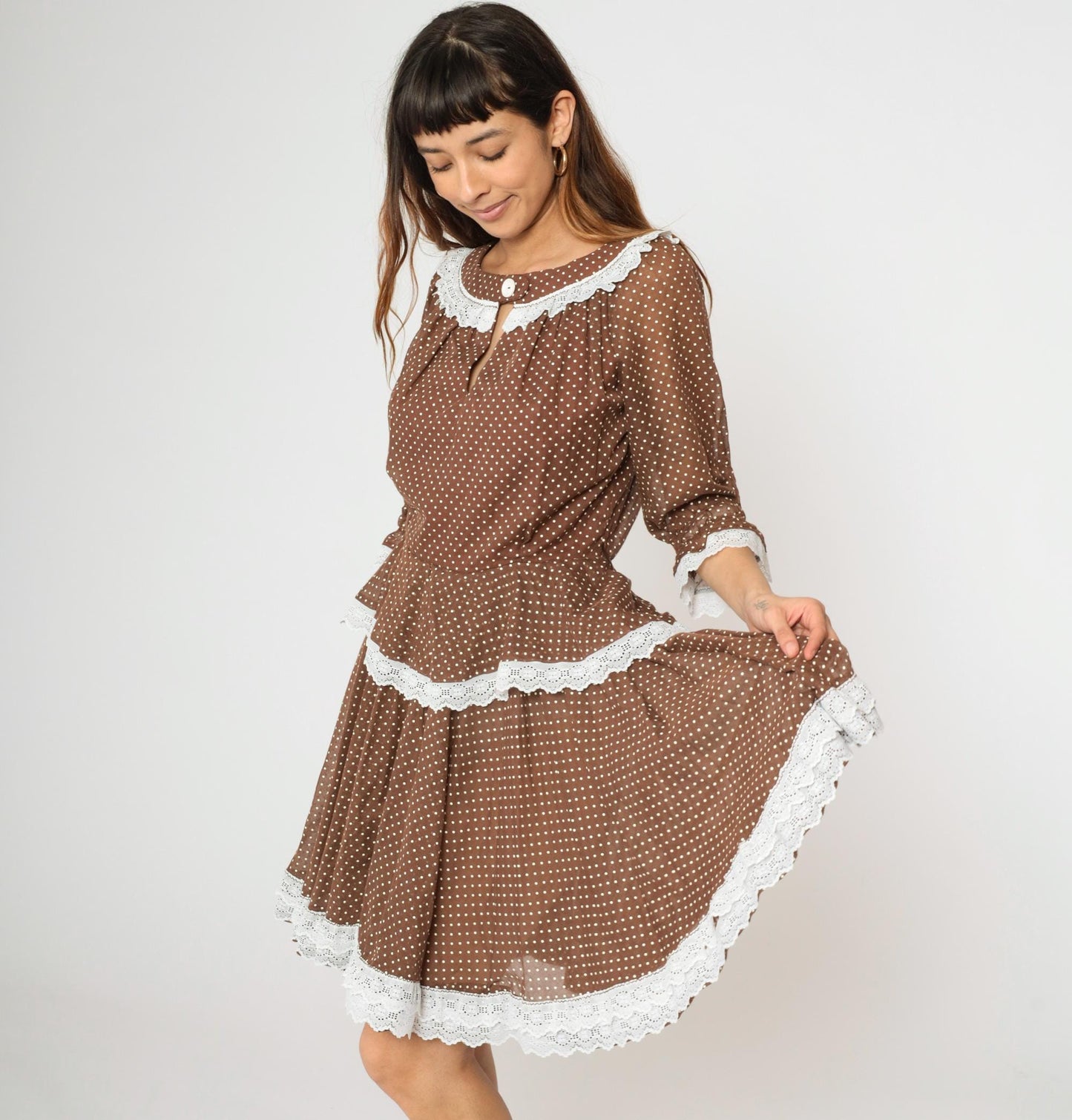 70s Brown Polka Dot Prairie Dress Keyhole Neck Tiered Skirt Medium