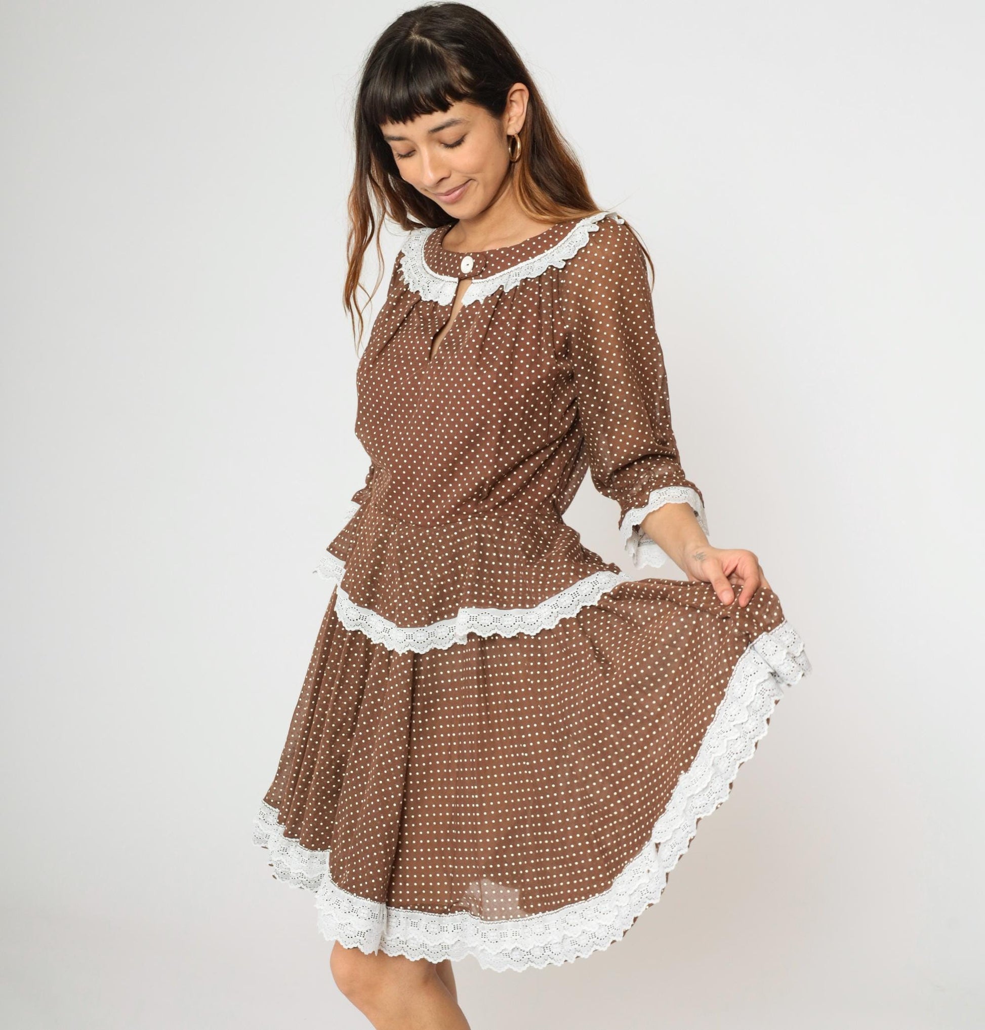 70s Brown Polka Dot Prairie Dress Keyhole Neck Tiered Skirt Medium