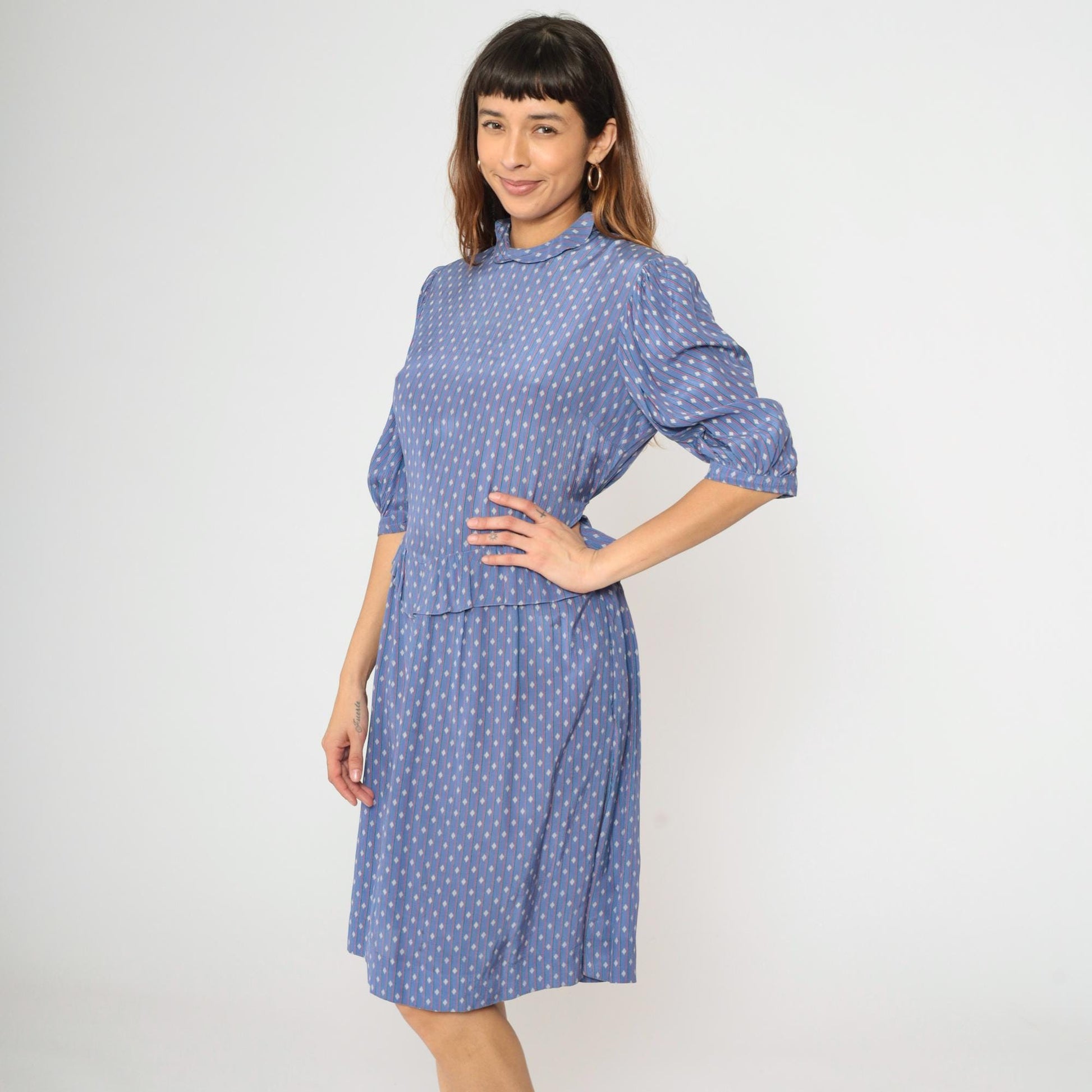 80s Blue Diamond Stripe Midi Dress Peplum Puff Sleeve High Neck Medium M