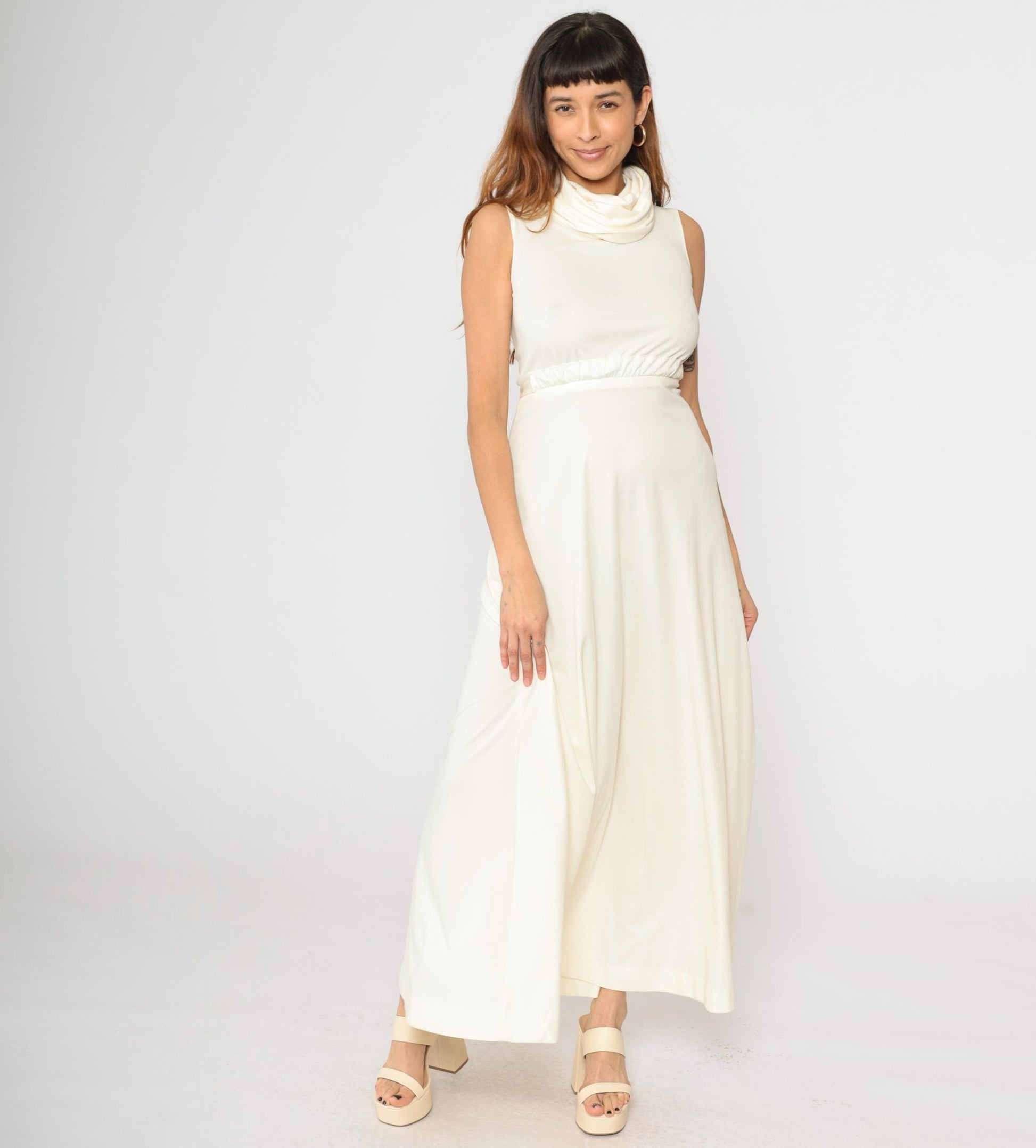 1970s White Maxi Dress Cowl Neck Cap Sleeve High Waist Grecian Gown Extra Small