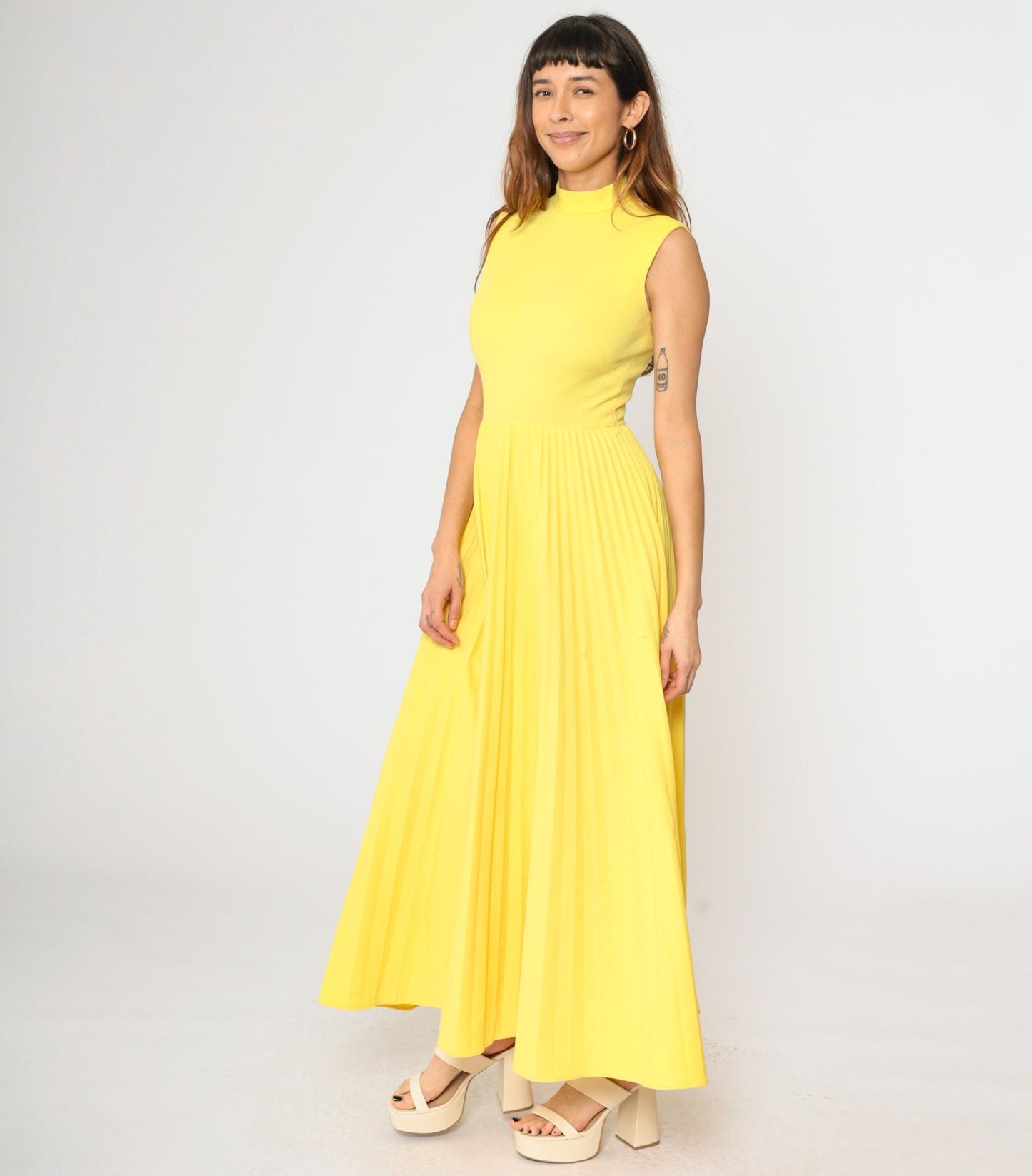 70s Yellow Pleated Maxi Dress Sleeveless High Waist Small S