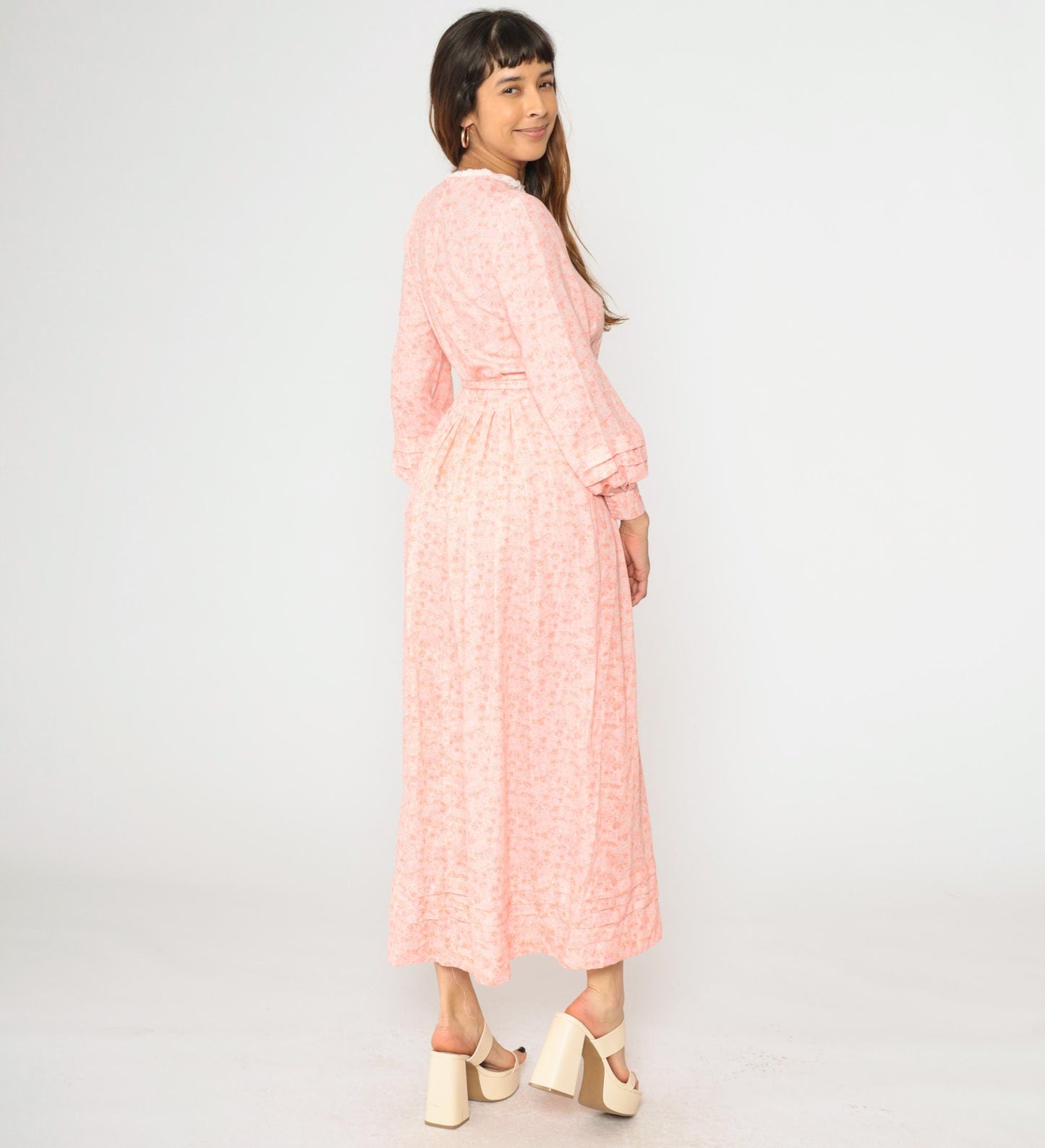 70s Peach Pink Floral Maxi Dress High Waist Long Sleeve Lace Trim Small