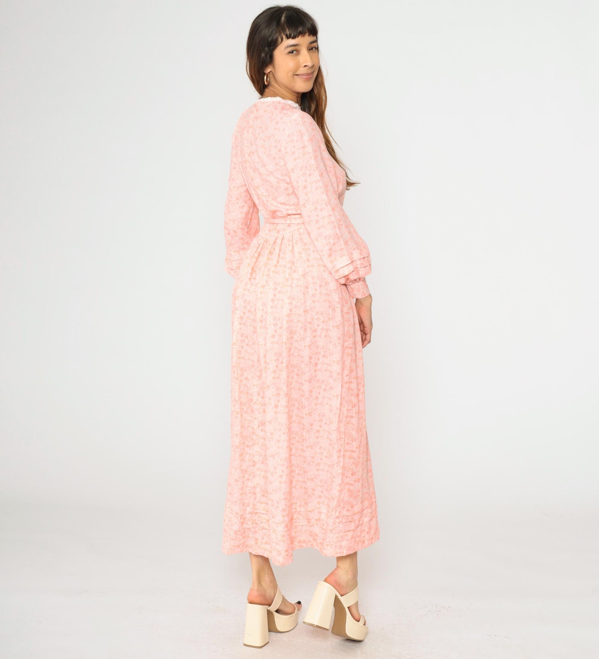70s Peach Pink Floral Maxi Dress High Waist Long Sleeve Lace Trim Small