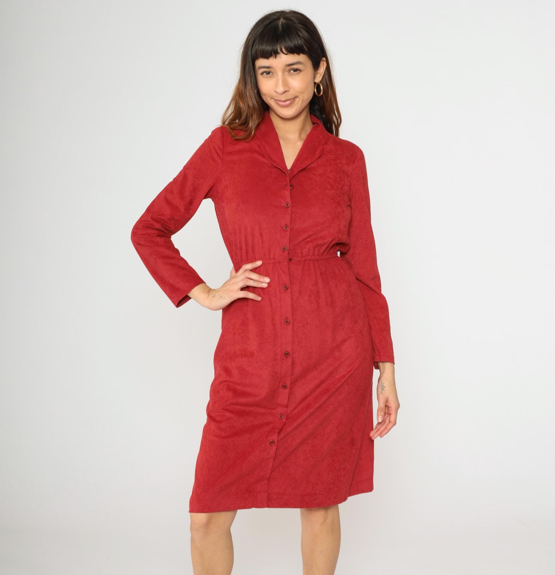 70s Red Velour Midi Shirtdress High Waist Button Front Long Sleeve Small