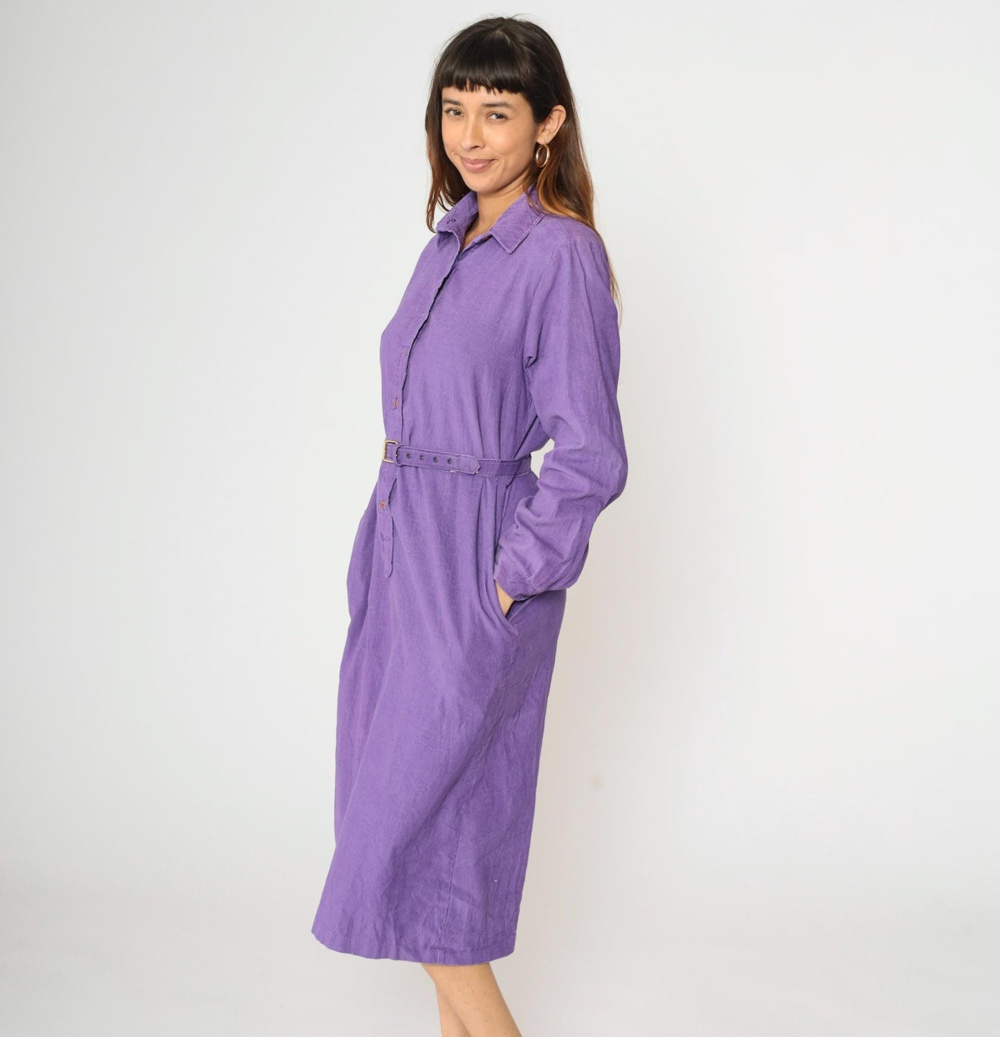 90s Purple Corduroy Midi Dress High Waisted Button Up Long Sleeve Medium M