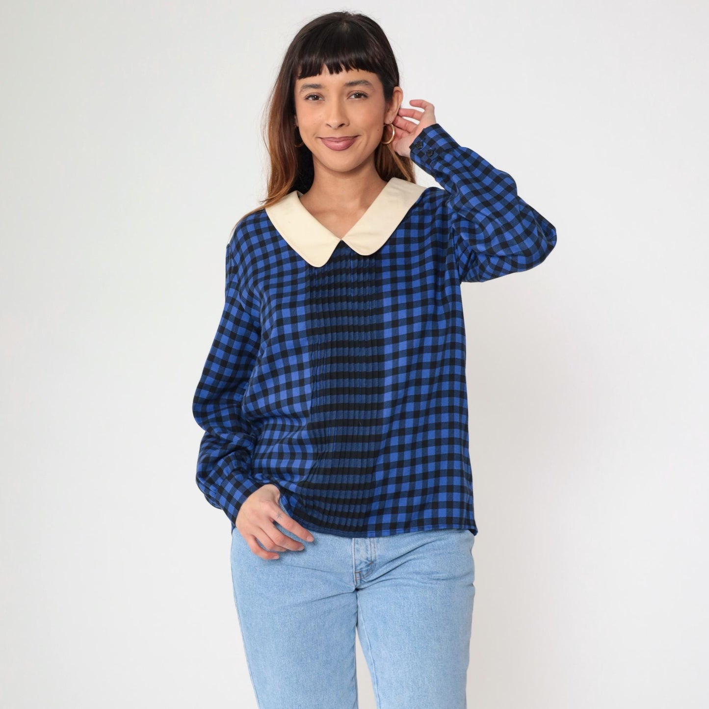 80s Albert Nipon Checkered Blouse Blue Black Gingham Cream Collar Medium