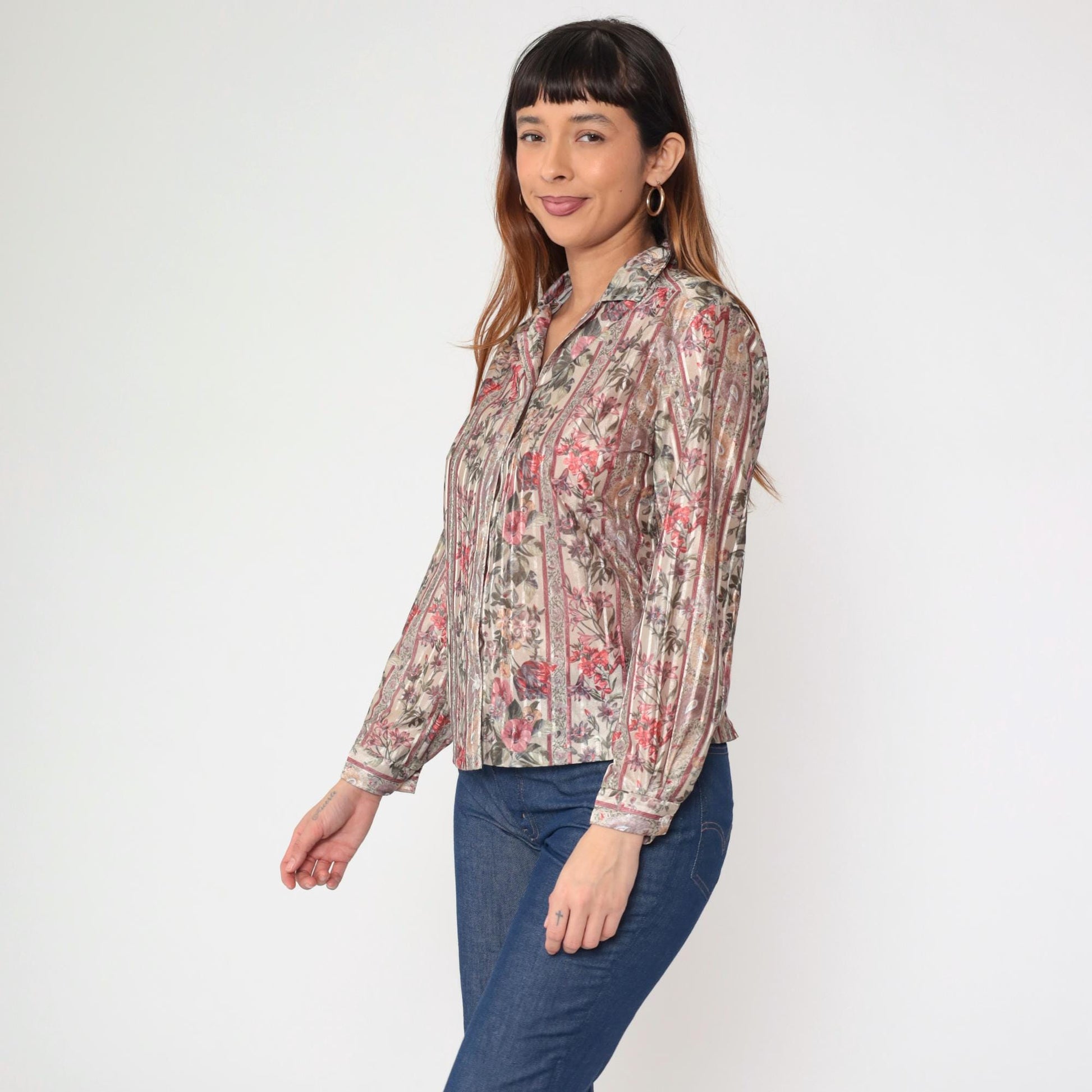 80s Beverley of California Striped Floral Button-Up Blouse Beige Red Medium