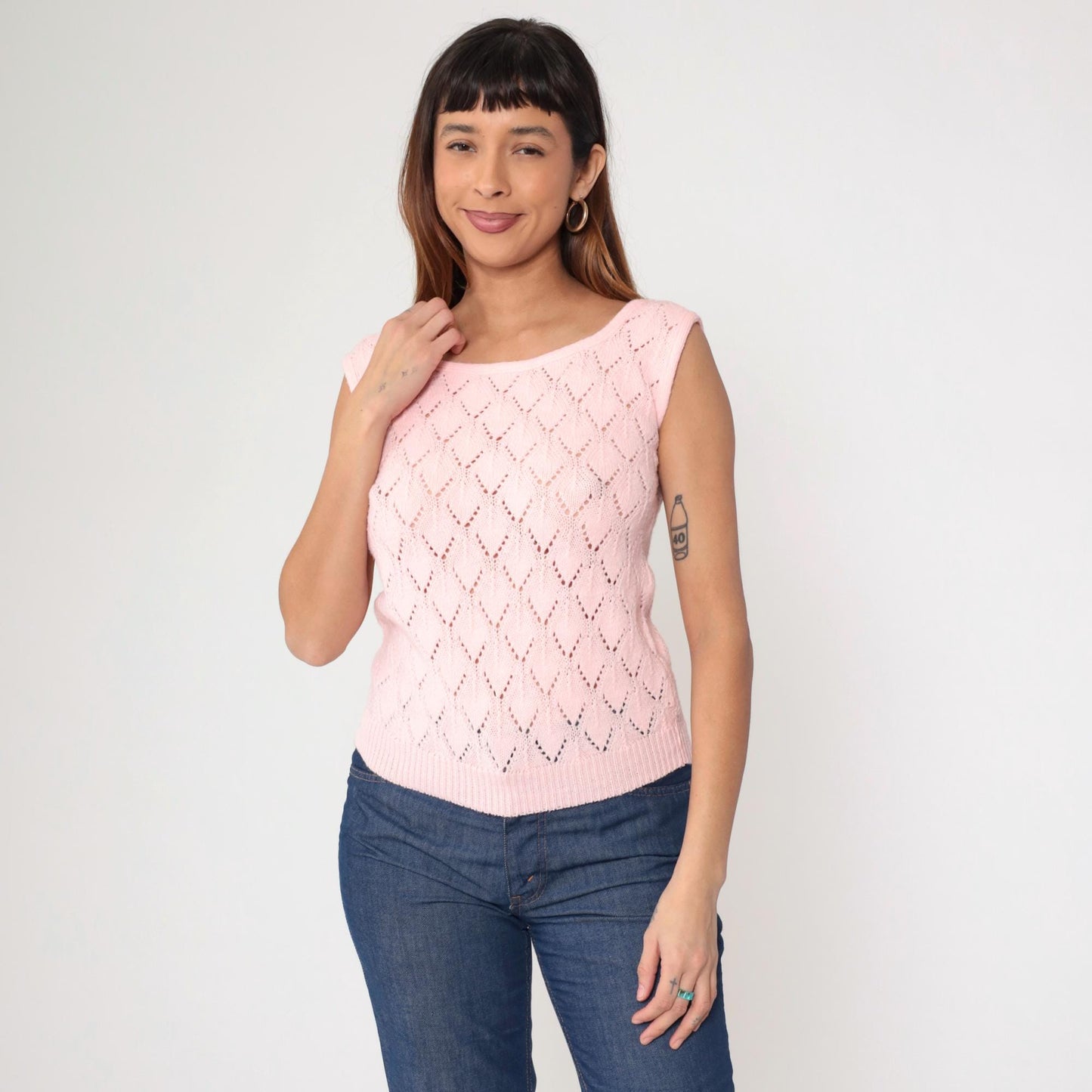 70s Pink Pointelle Knit Sleeveless Vest Wide Neckline Small