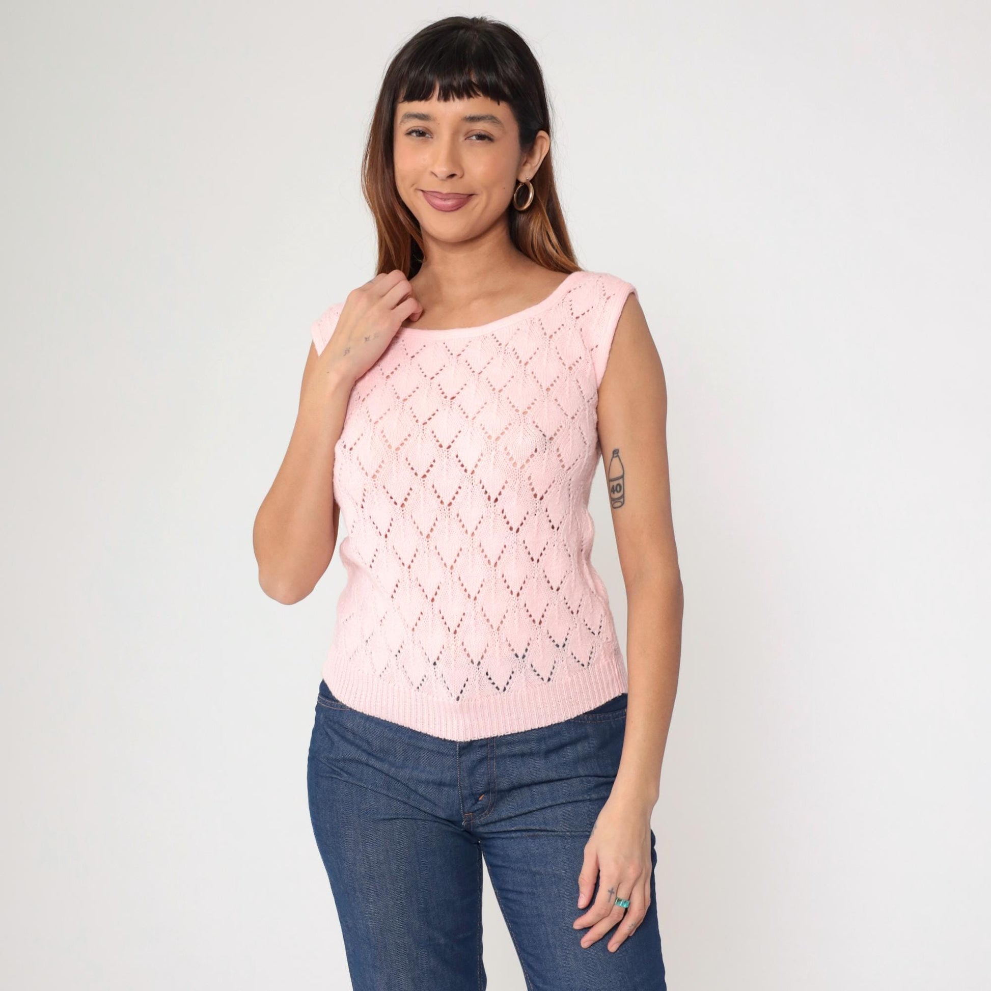 70s Pink Pointelle Knit Sleeveless Vest Wide Neckline Small