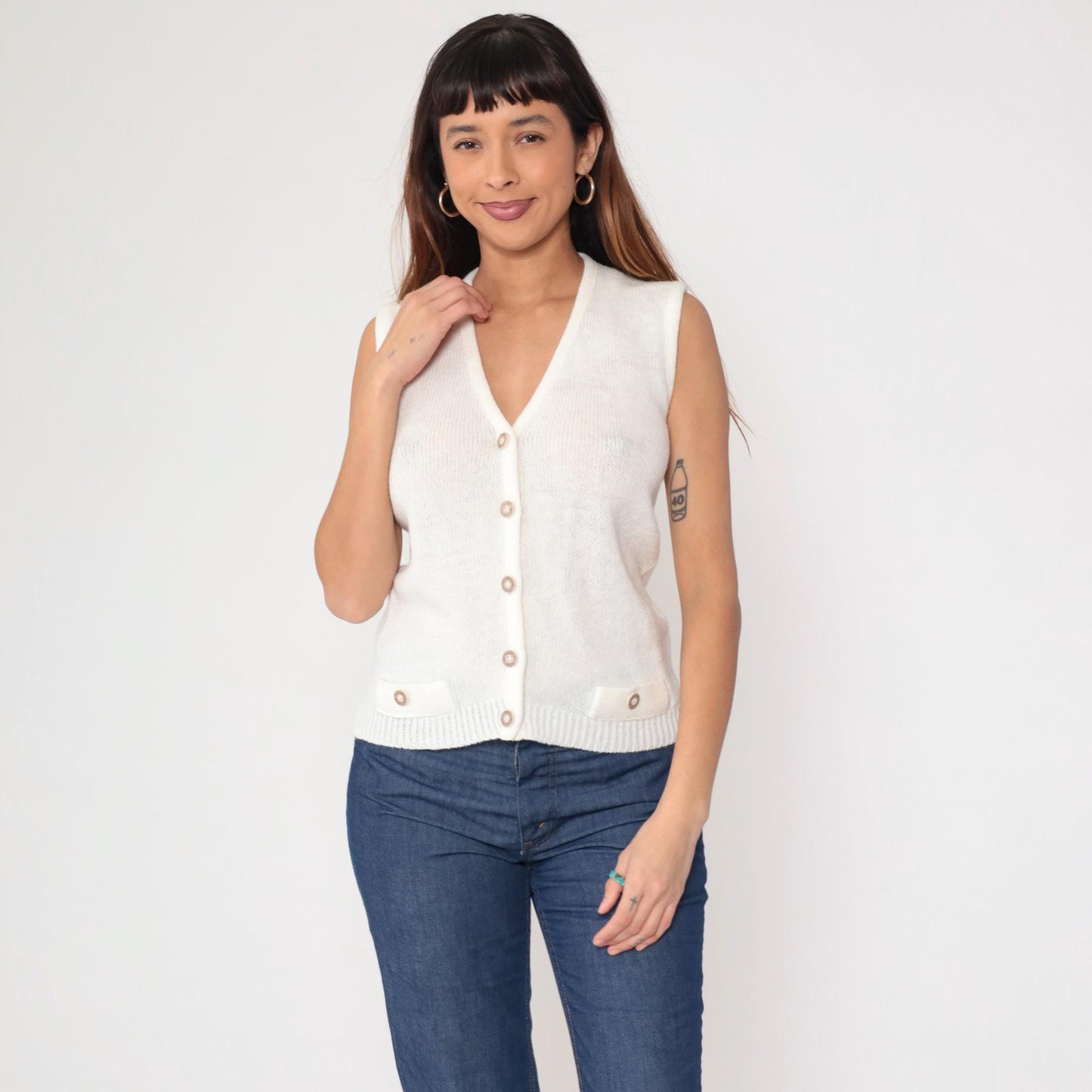 80s White Knit Sweater Vest V-Neck Button-Up Sleeveless Small S