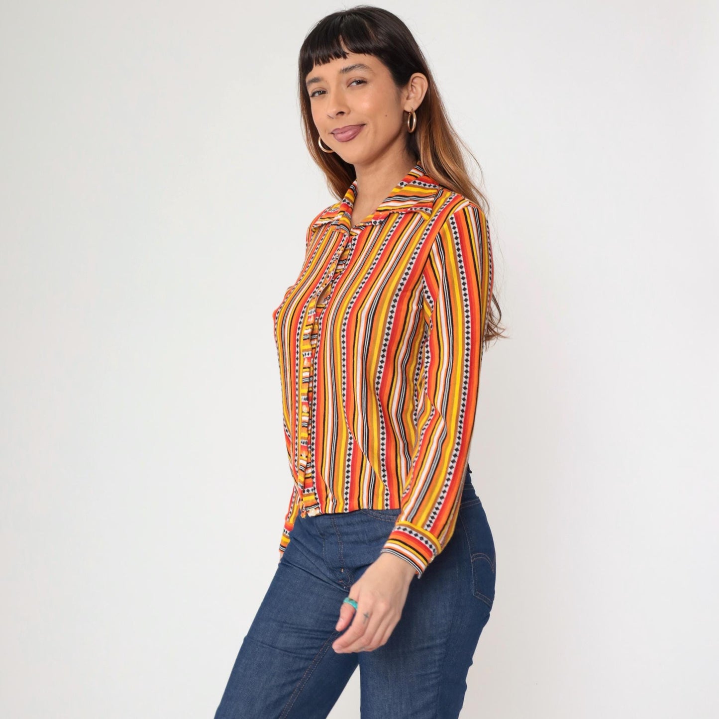 70s Orange Yellow Red Striped Button-Up Shirt Dagger Collar Long Sleeve Small