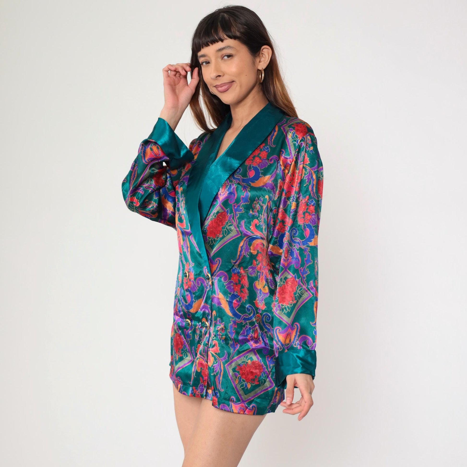 90s Victoria's Secret Teal Satin Pajama Top Baroque Floral Double Breasted Medium